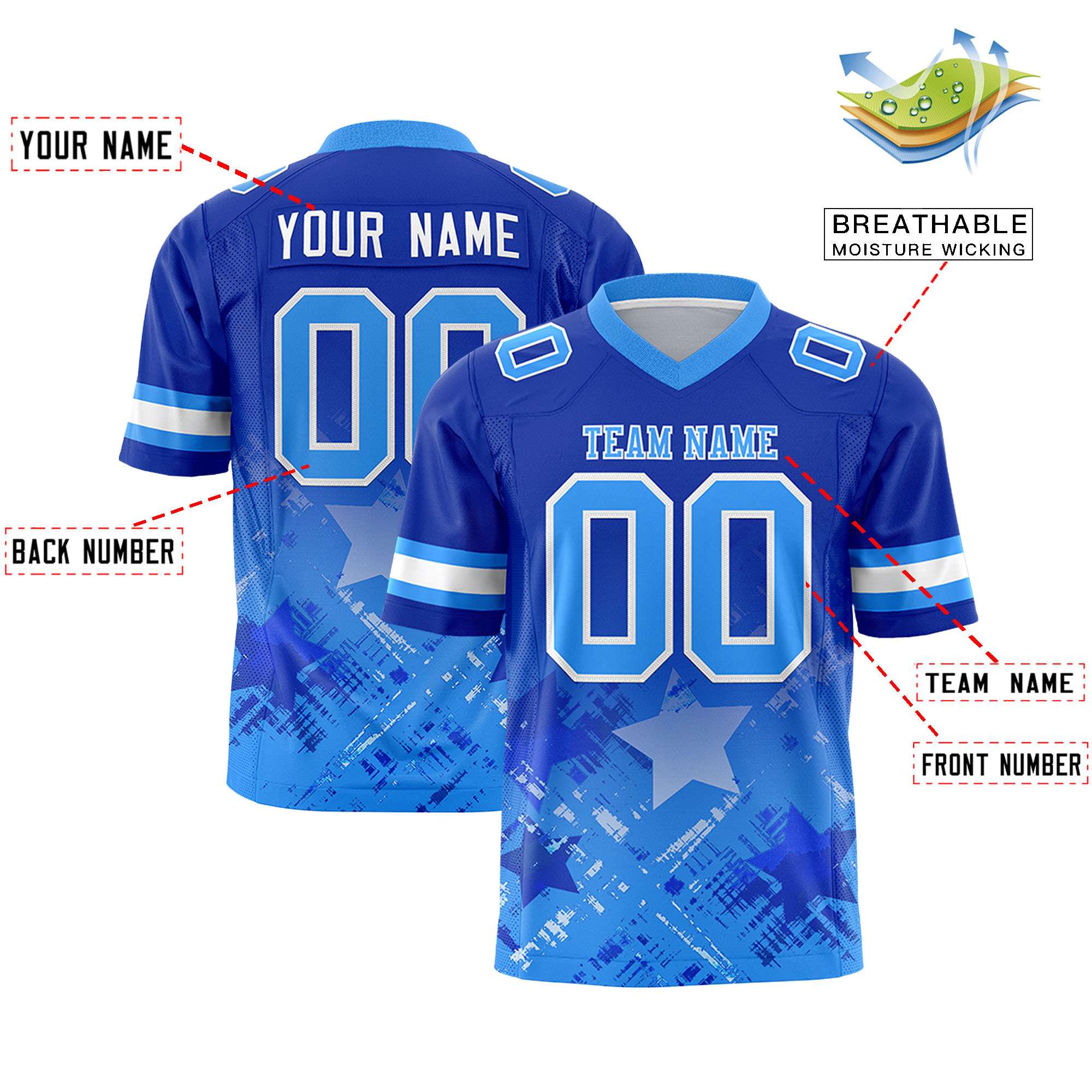 Custom Royal Light Blue Personalized Star Gradient Flag Football Jersey Secondary image