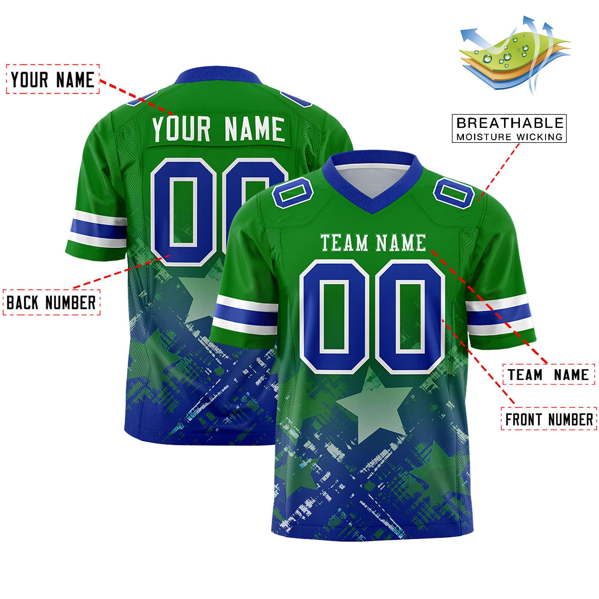Custom Kelly Green Royal Personalized Star Gradient Flag Football Jersey Secondary image