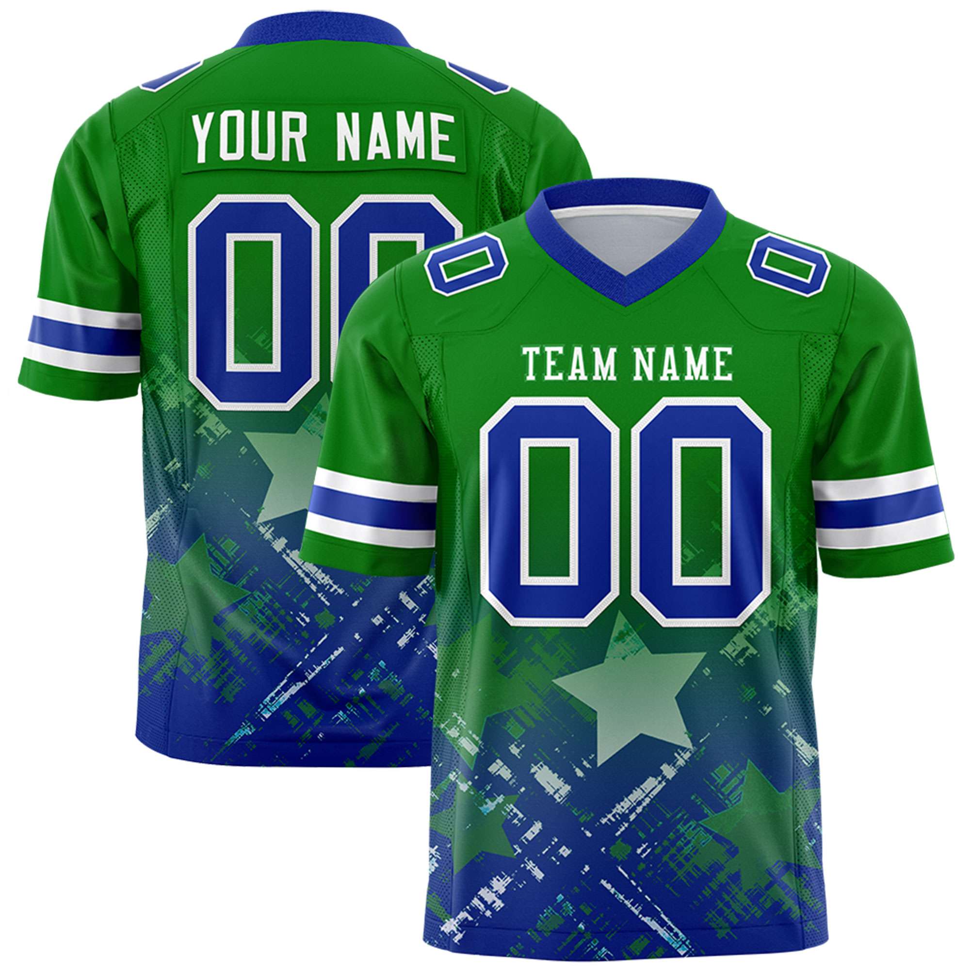 Custom Kelly Green Royal Personalized Star Gradient Flag Football Jersey Main image