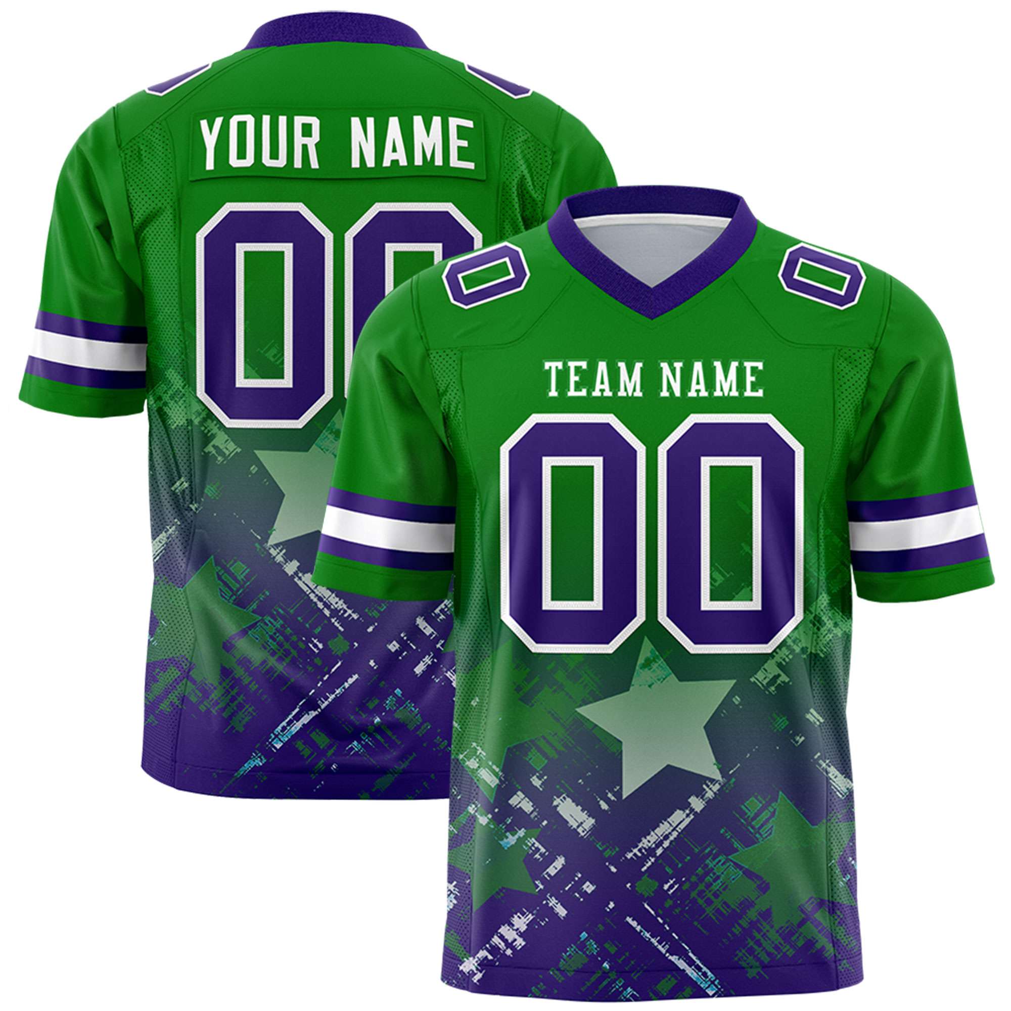 Custom Kelly Green Purple Personalized Star Gradient Flag Football Jersey Main image