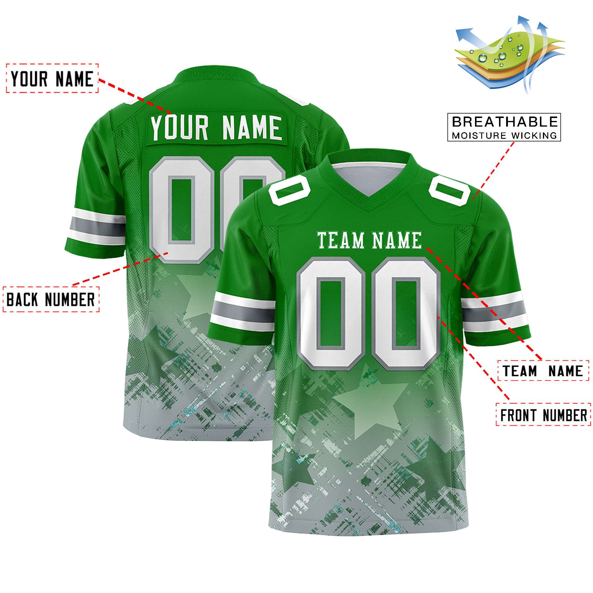 Custom Kelly Green Kelly Green Personalized Star Gradient Flag Football Jersey Secondary image