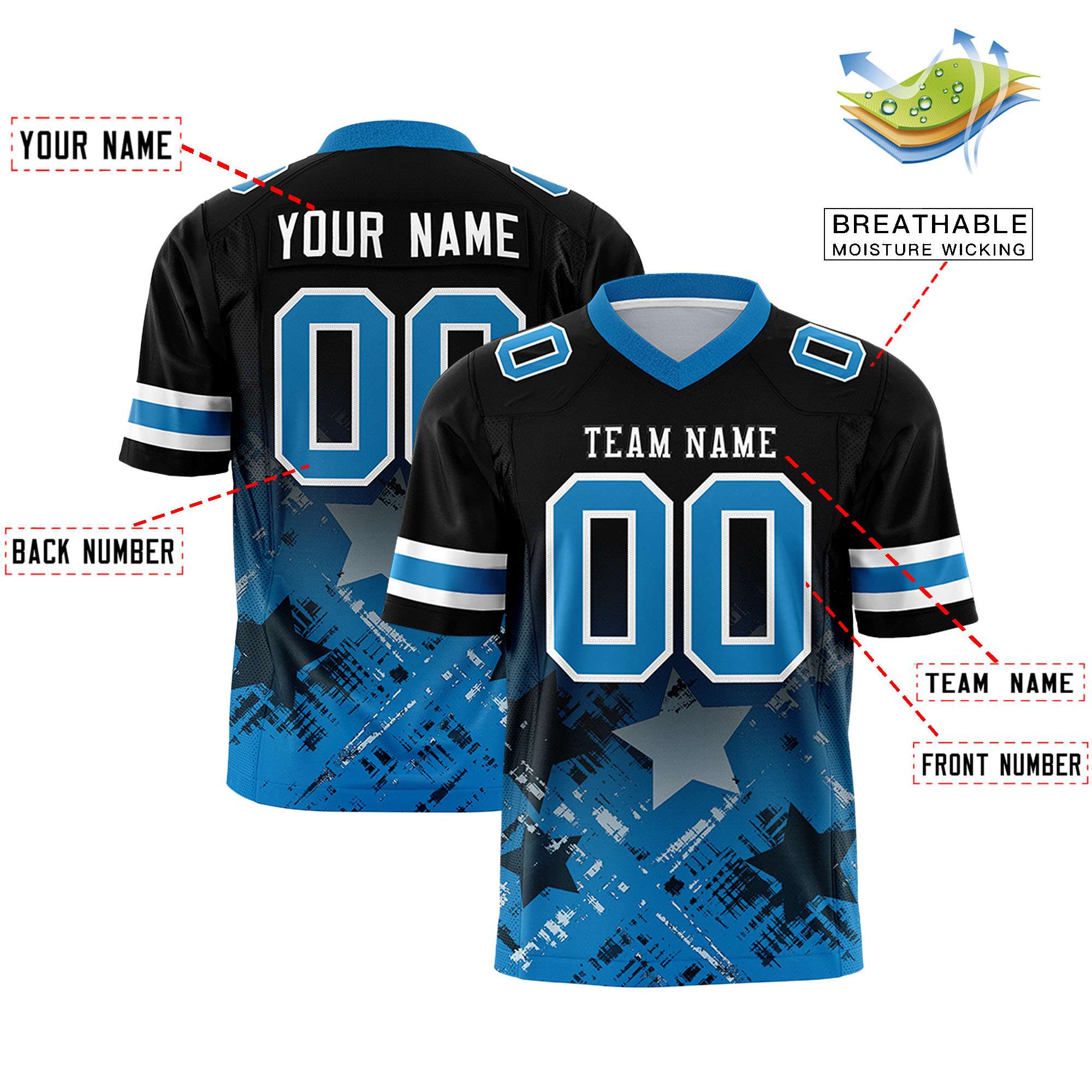 Custom Black Panther Blue Personalized Star Gradient Flag Football Jersey Secondary image