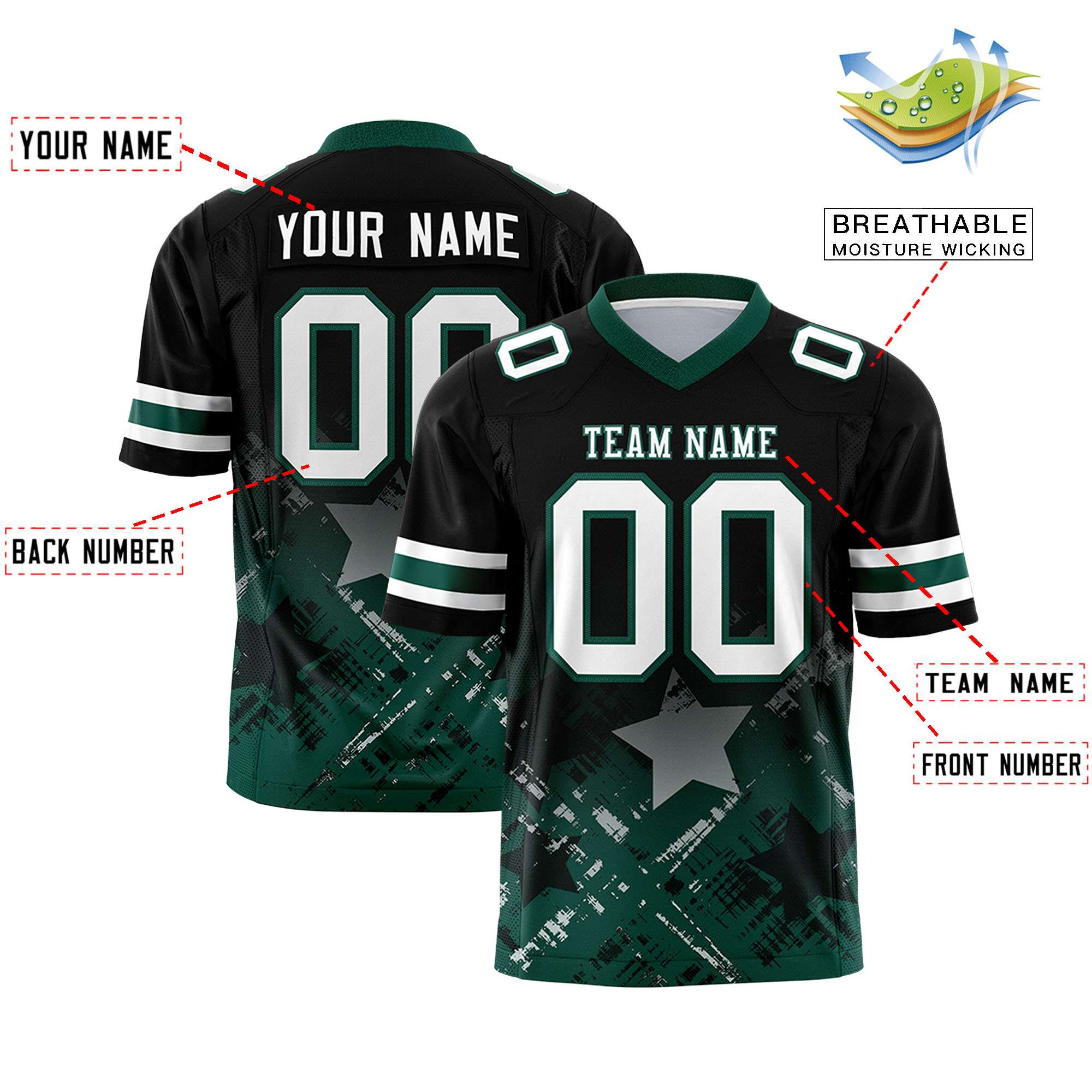 Custom Black Midnight Green Personalized Star Gradient Flag Football Jersey Secondary image