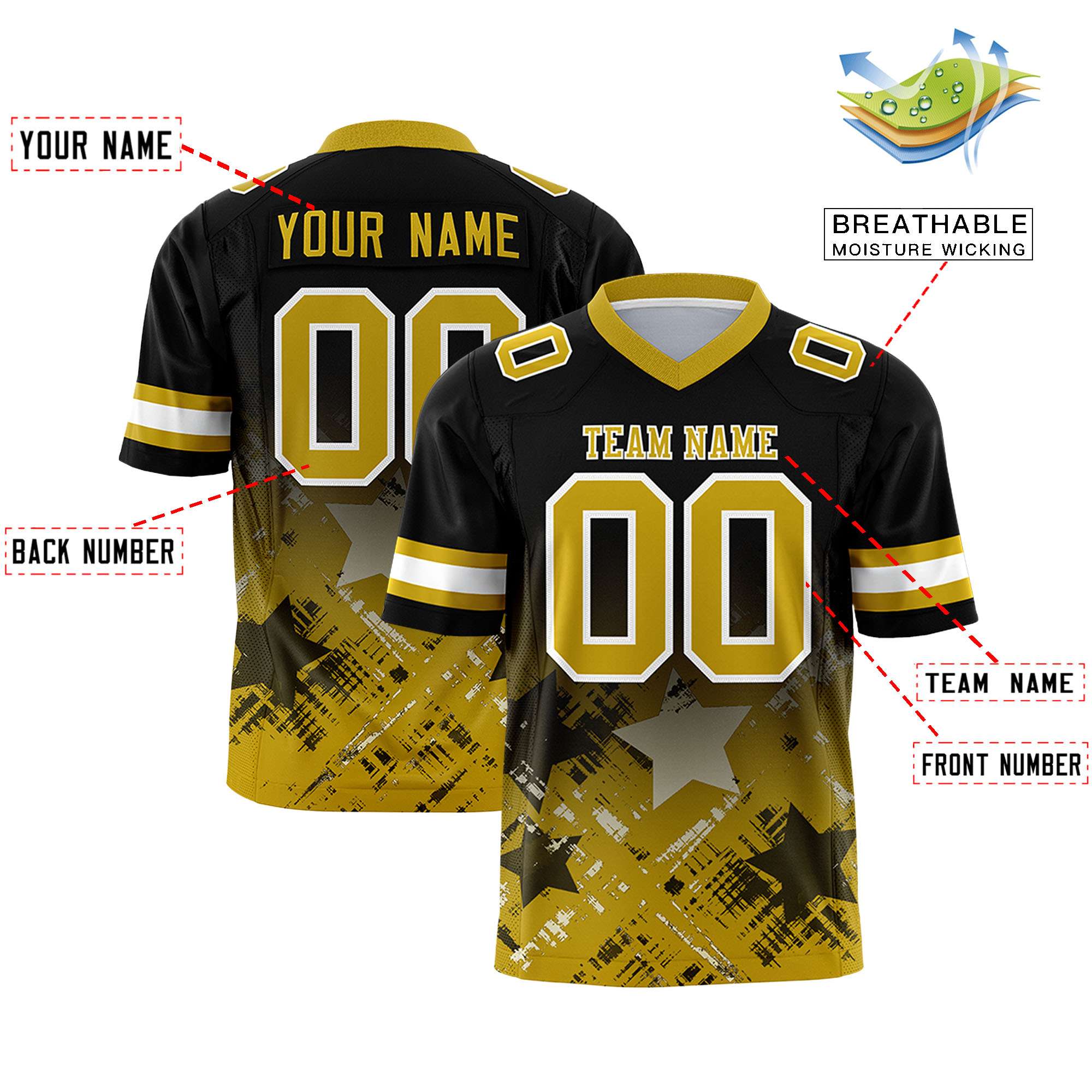 Custom Black Old Gold Personalized Star Gradient Flag Football Jersey