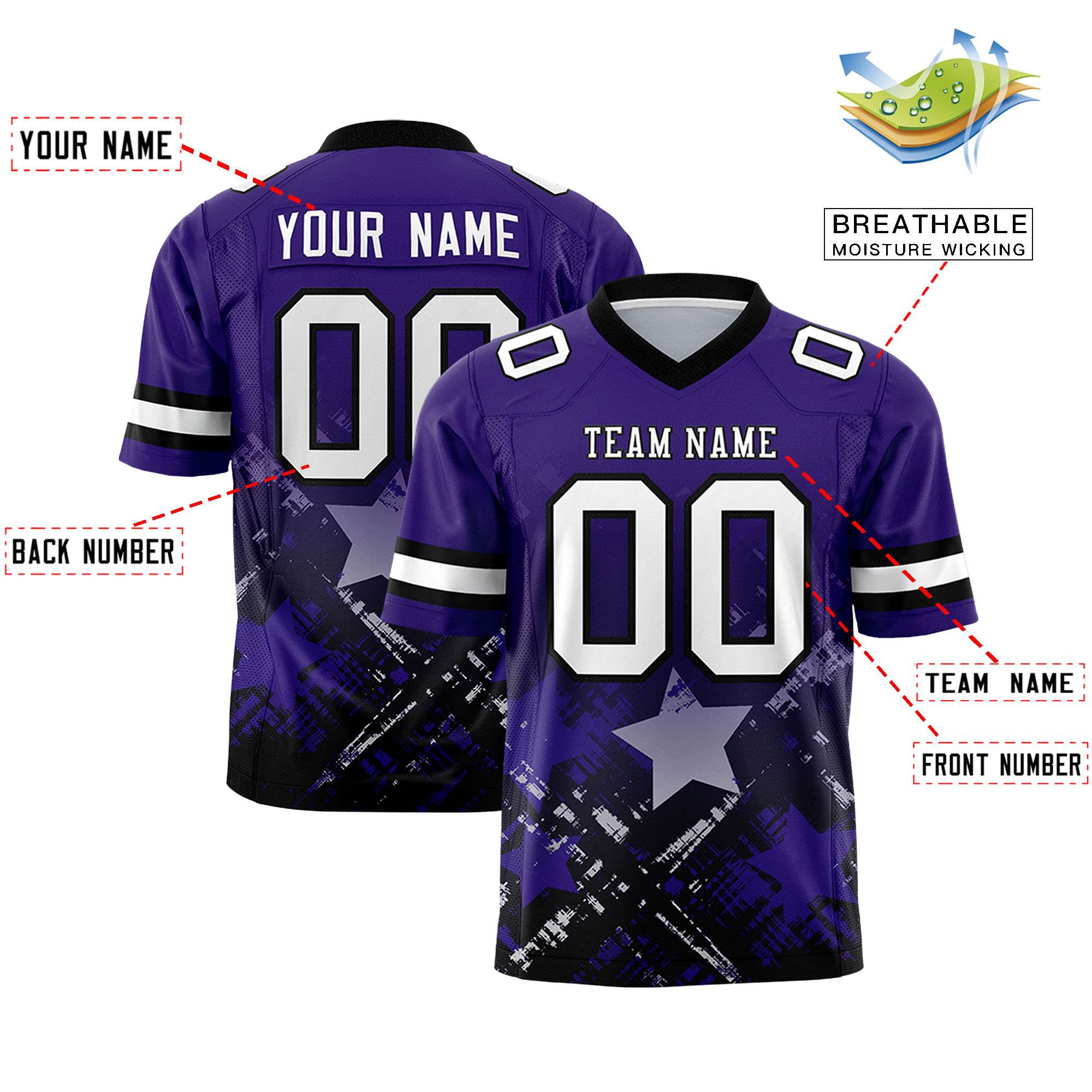 Custom Purple Black Personalized Star Gradient Flag Football Jersey Secondary image