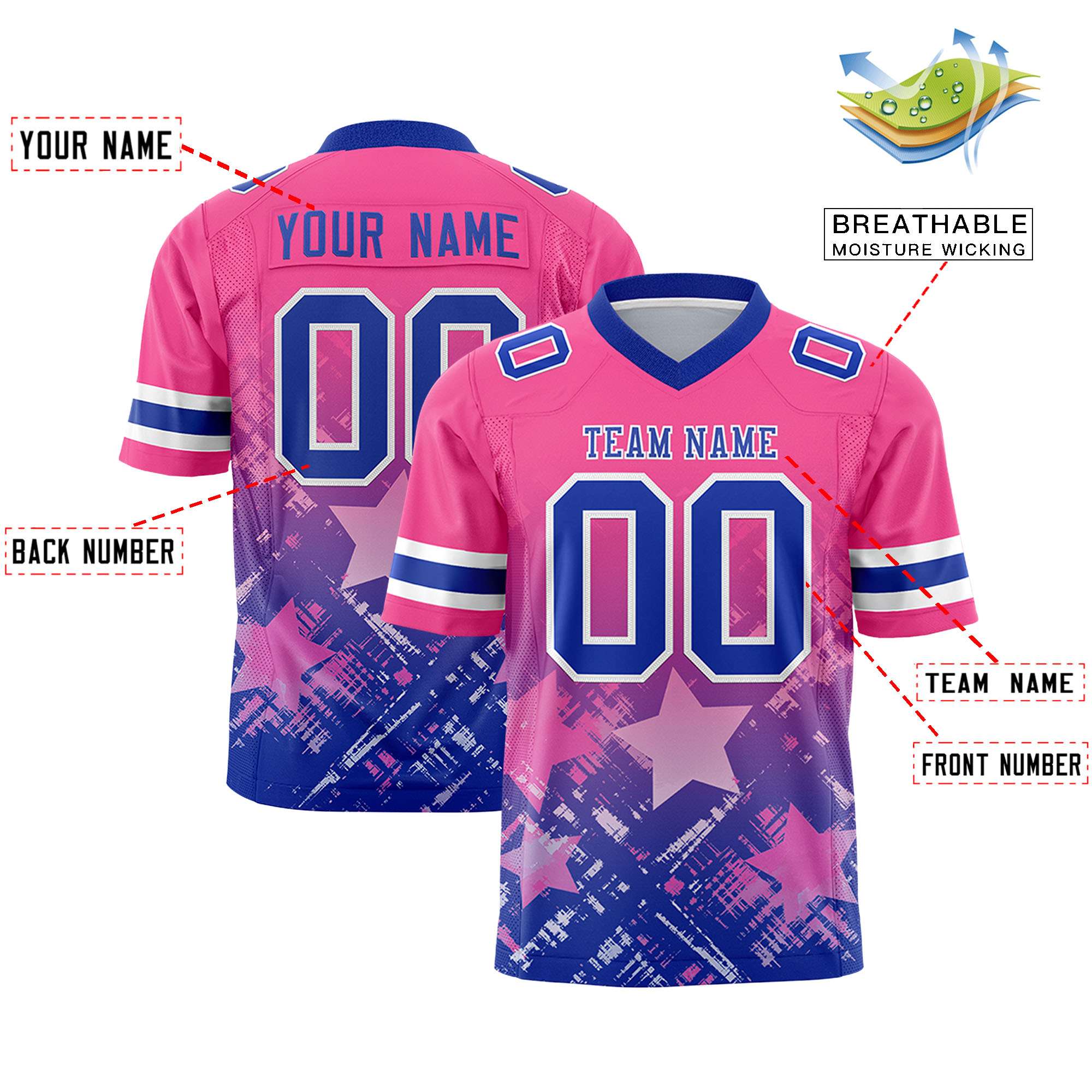 Custom Pink Royal Personalized Star Gradient Flag Football Jersey Secondary image