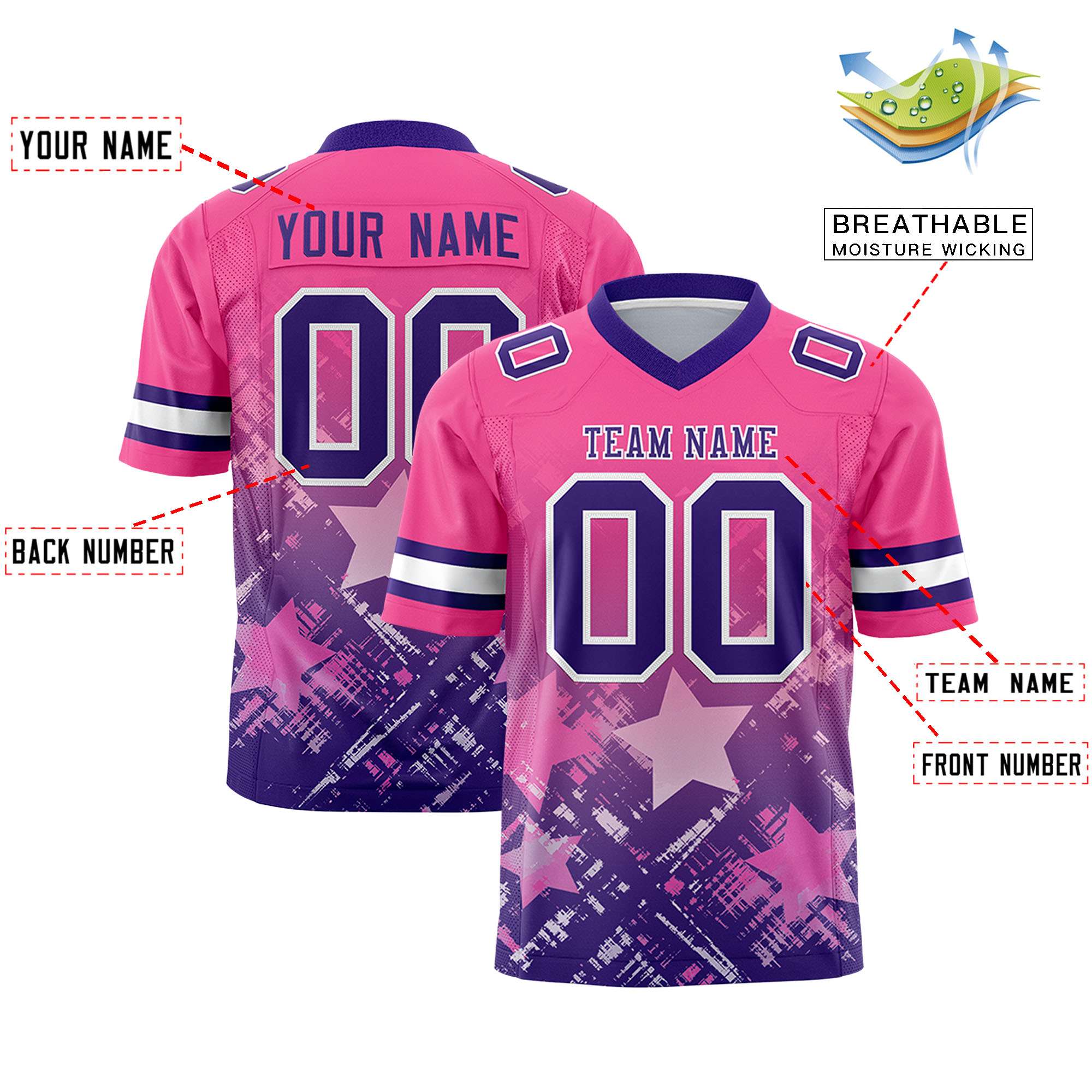 Custom Pink Purple Personalized Star Gradient Flag Football Jersey Secondary image