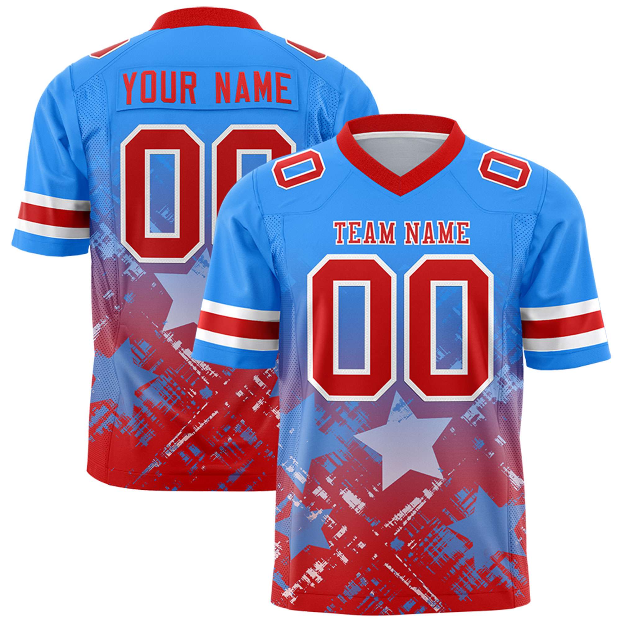 Custom Light Blue Red Personalized Star Gradient Flag Football Jersey Main image