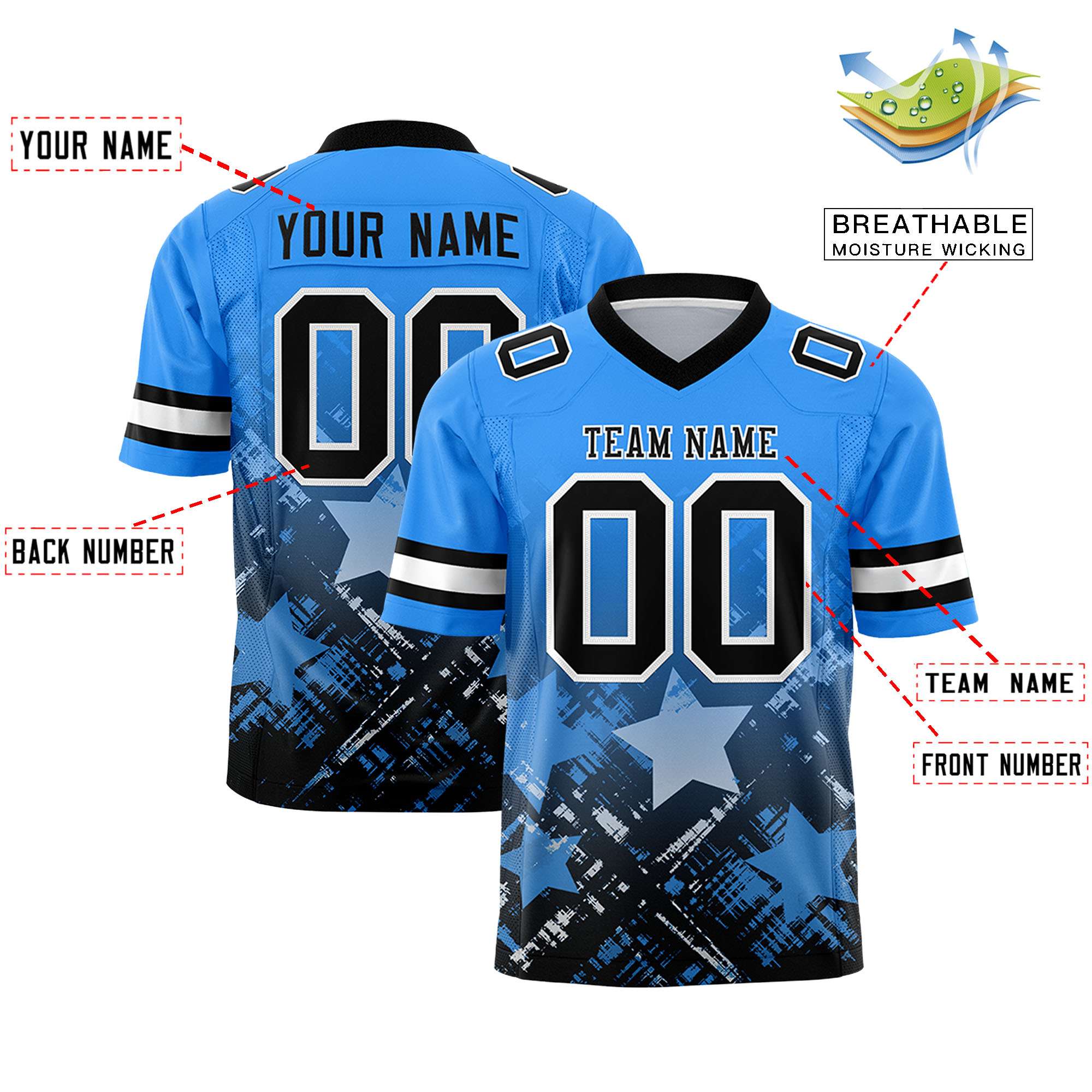 Custom Light Blue Black Personalized Star Gradient Flag Football Jersey Secondary image