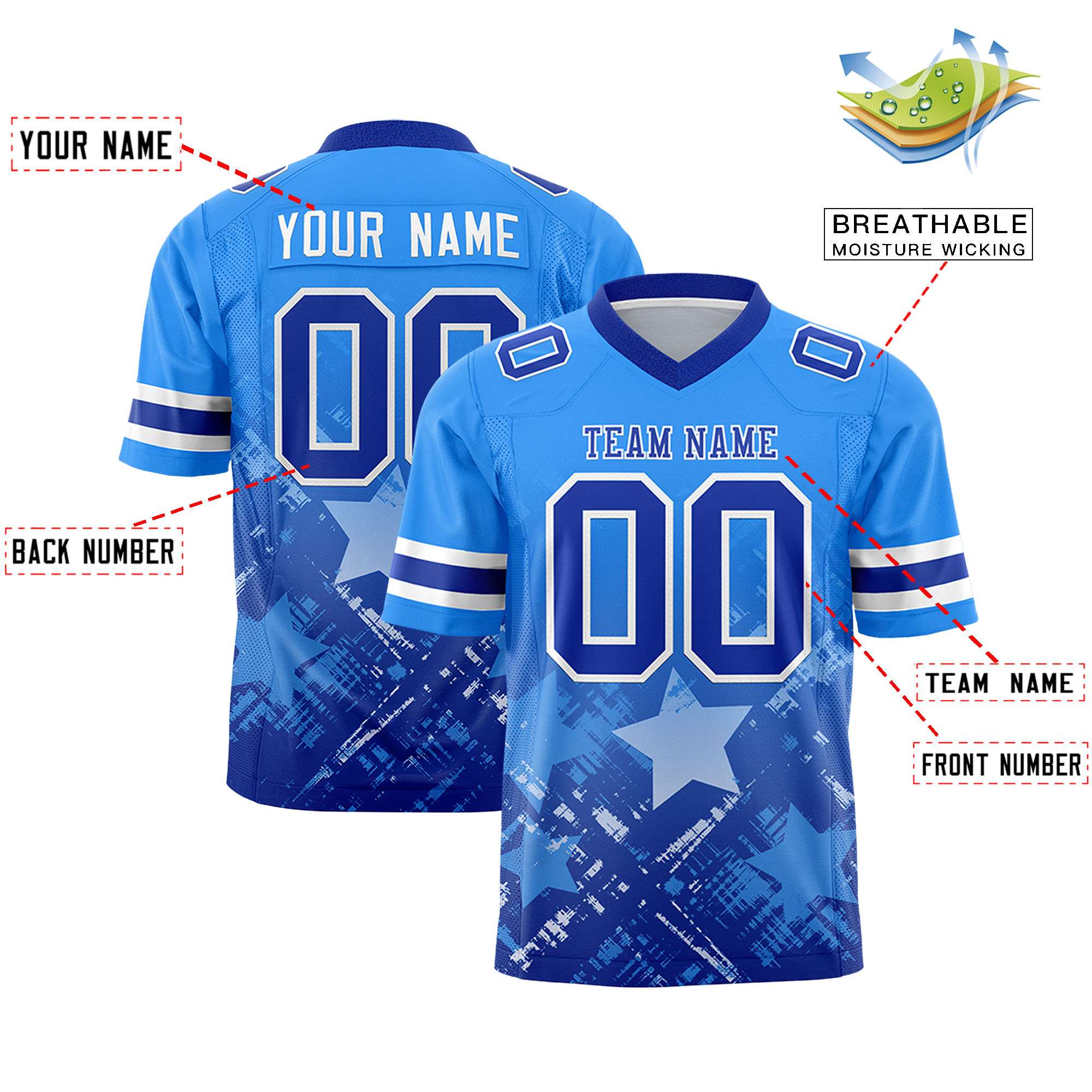 Custom Light Blue Royal Personalized Star Gradient Flag Football Jersey Secondary image