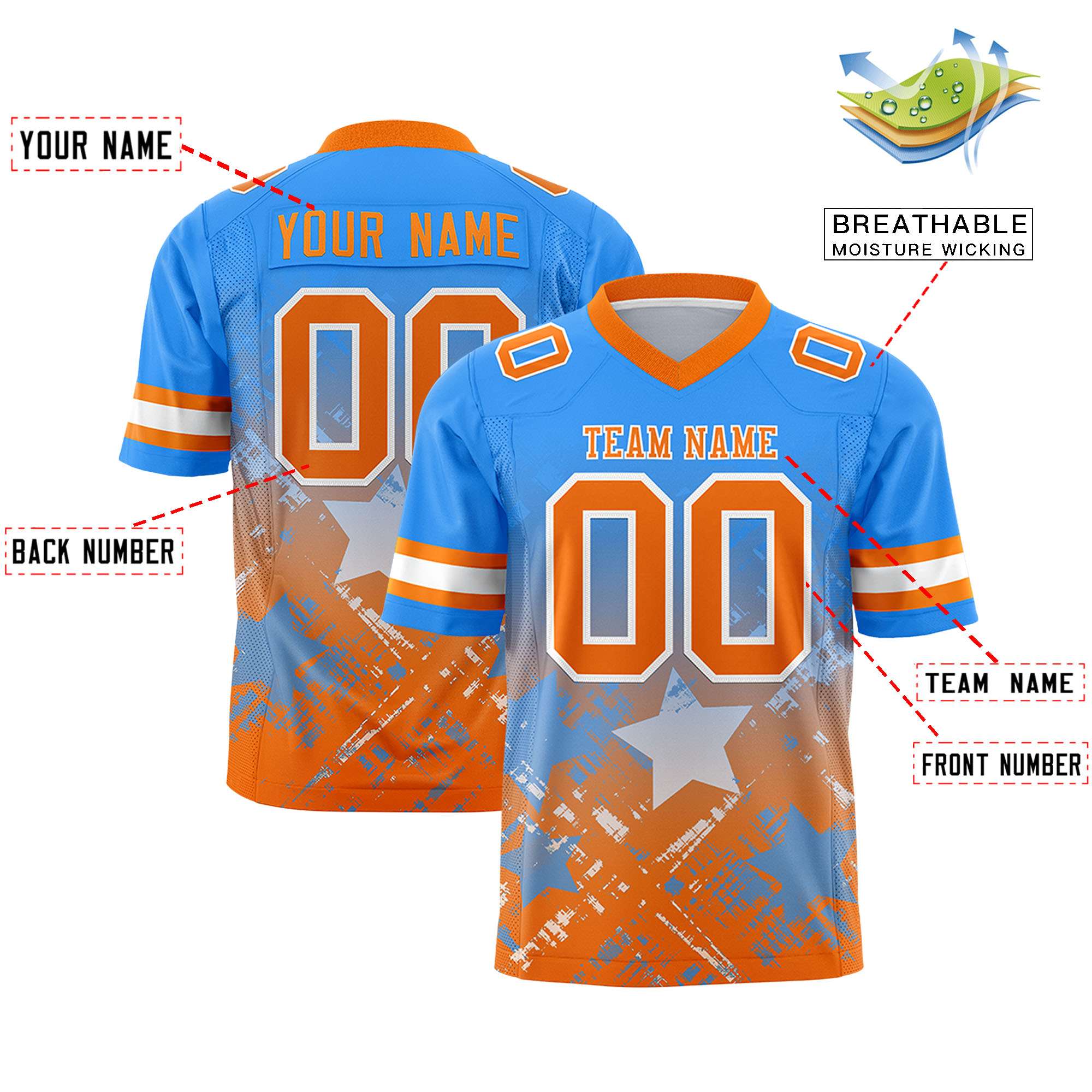 Custom Light Blue Orange Personalized Star Gradient Flag Football Jersey Secondary image