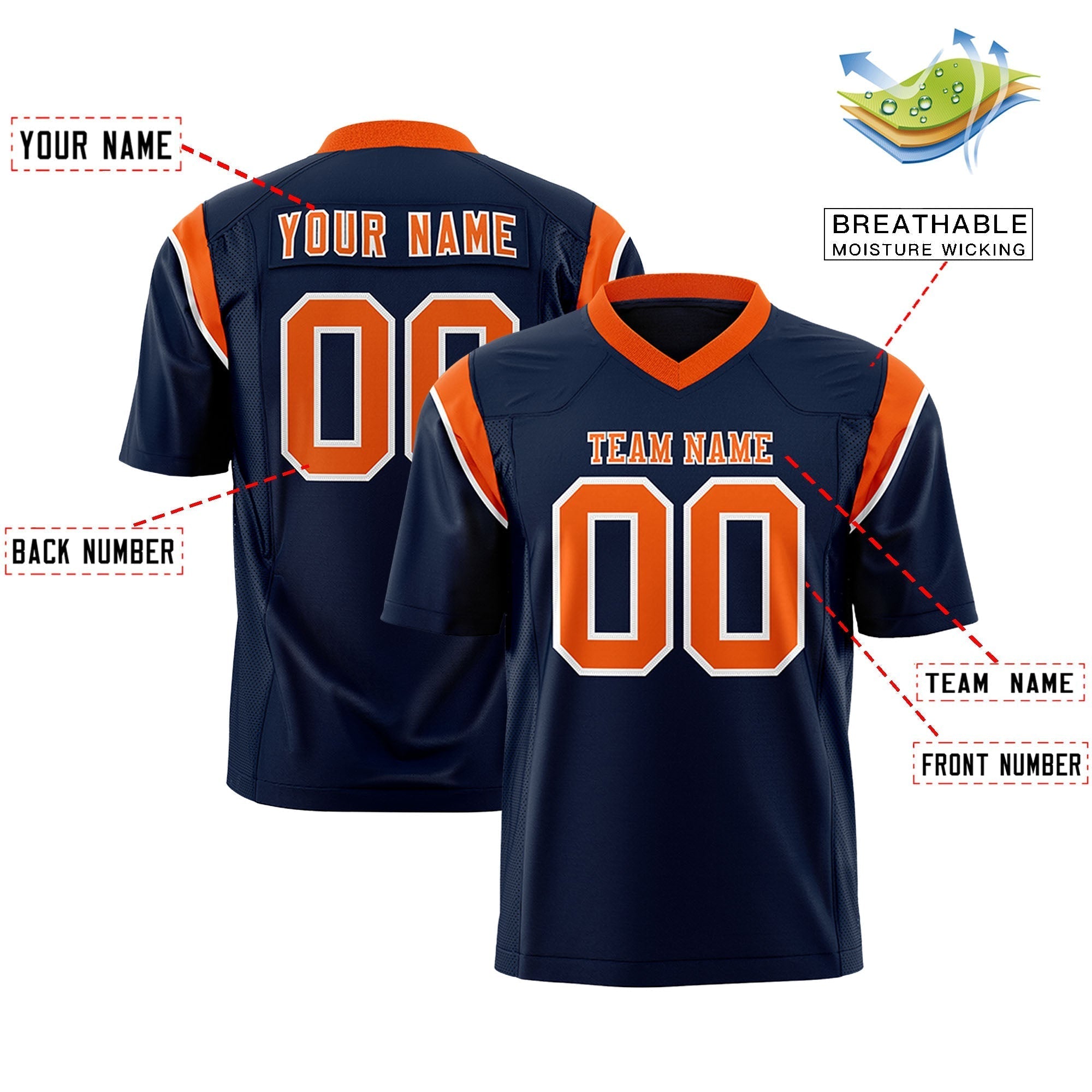 Custom Navy Orange Personalized Shoulder Cut Two-Tone Flag Football Jersey