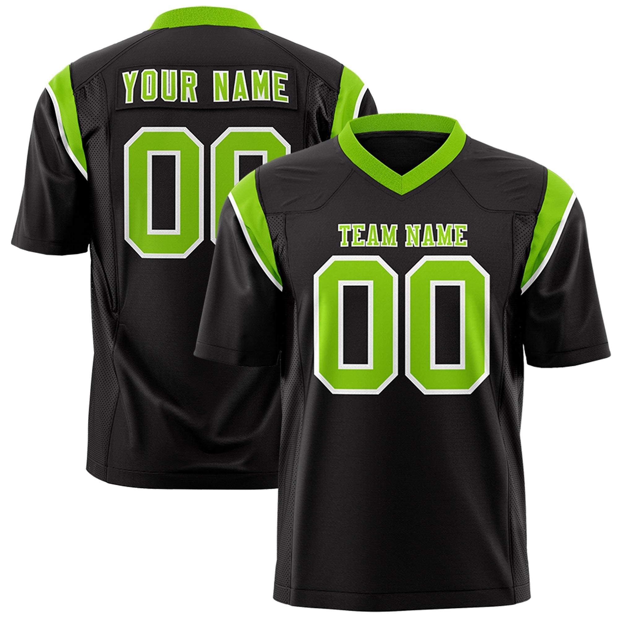 Custom Black Neon Green Personalized Shoulder Cut Two-Tone Flag Football Jersey Main image