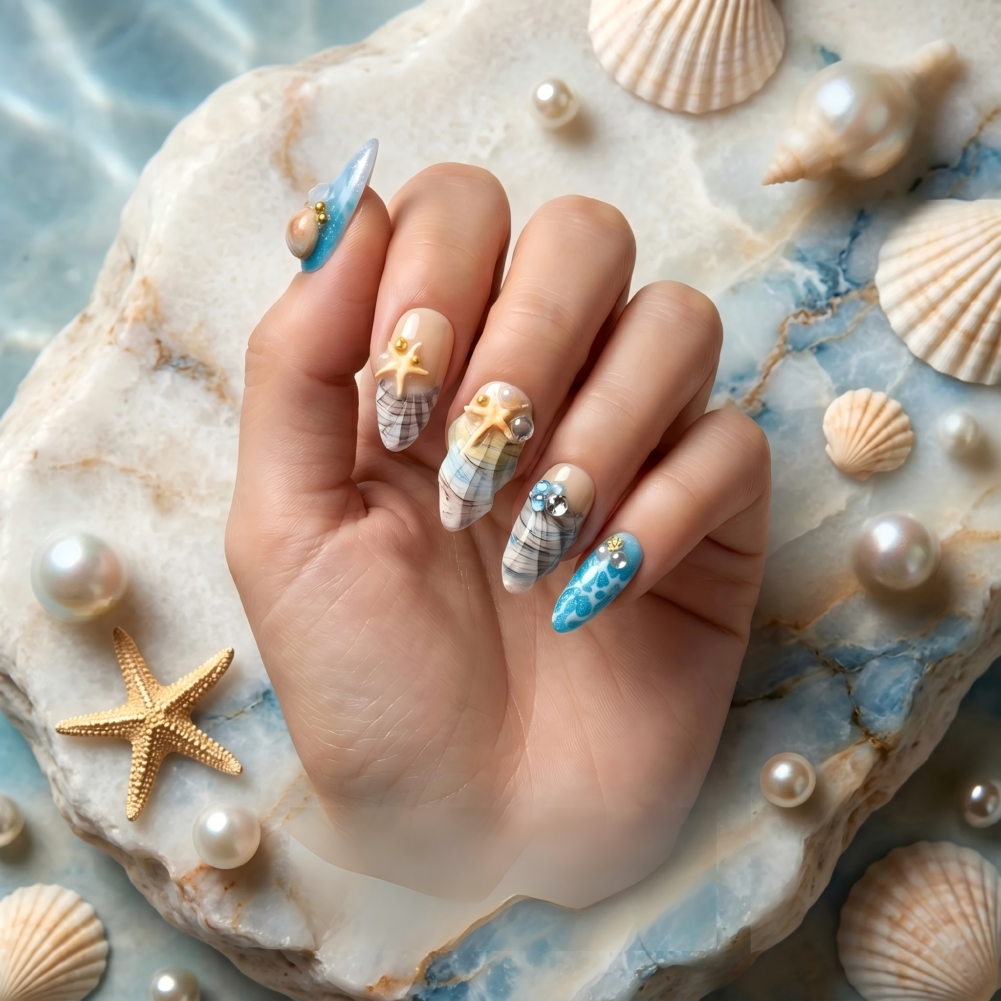 Kentrim Ocean Breeze Almond Medium Press On Nails