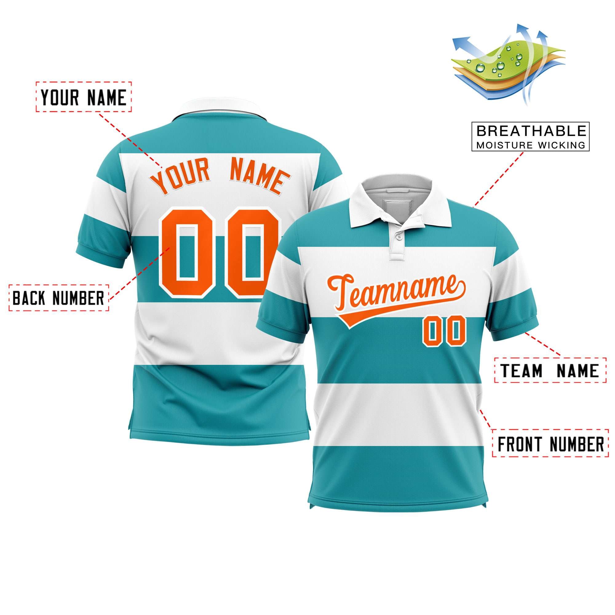 Custom White-Aqua Horizontal Stripe Design Performance Polo Shirt Secondary image