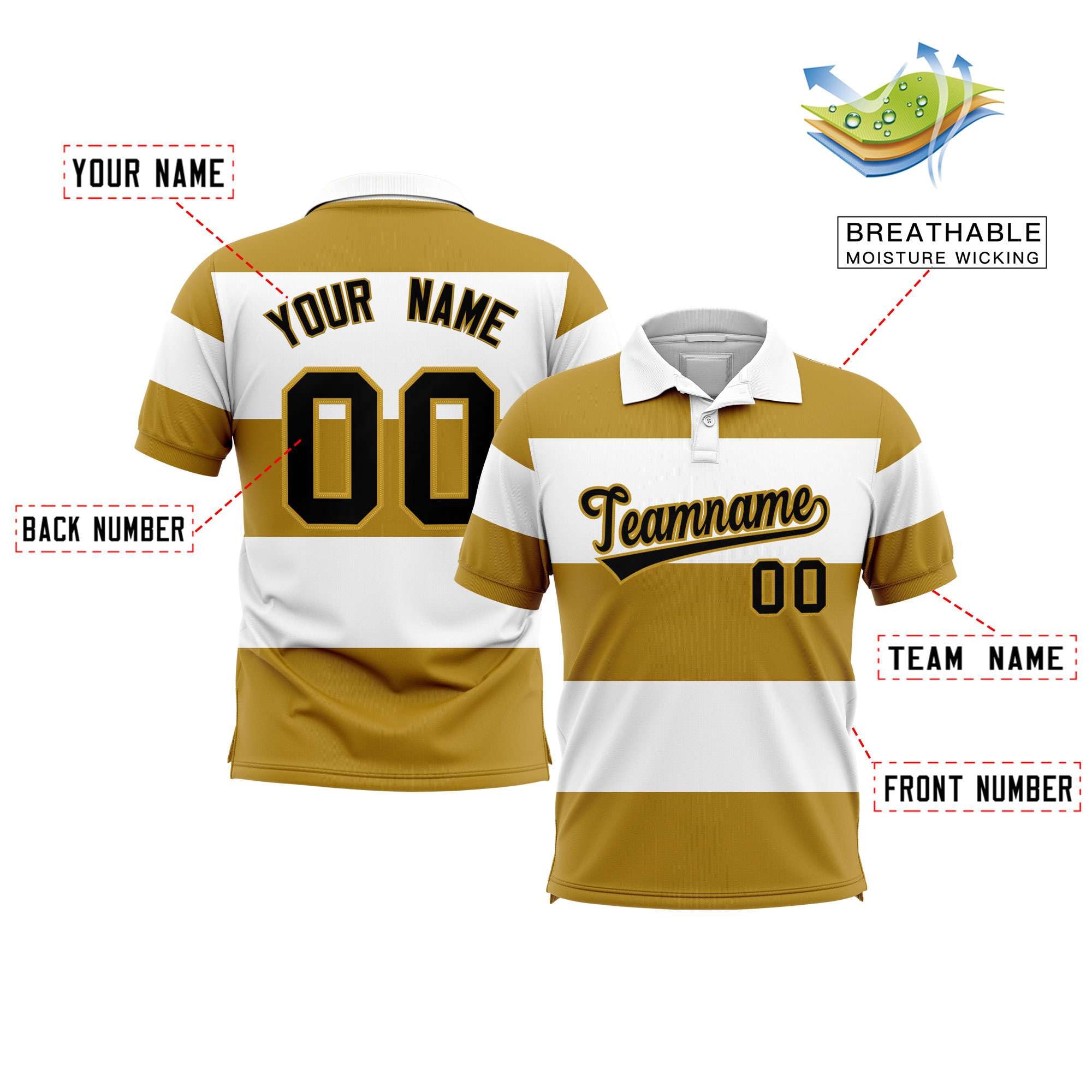 Custom White-Old Gold Horizontal Stripe Design Performance Polo Shirt Secondary image