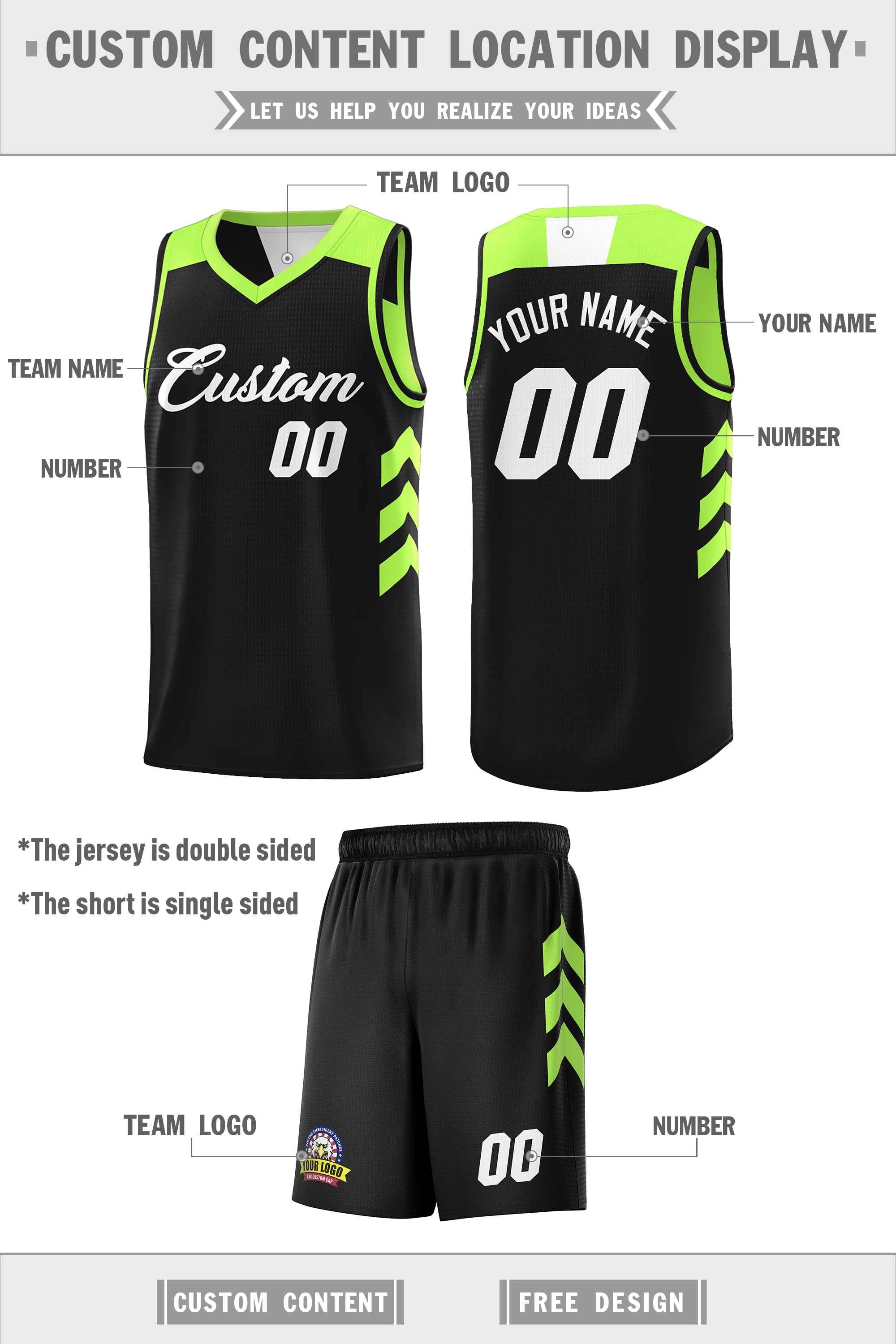 Custom Black Neon Green-White Double Side Sets Personalized Basketball Jersey Secondary image