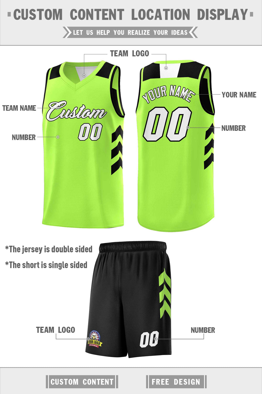 Custom Black Neon Green-White Double Side Sets Personalized Basketball Jersey