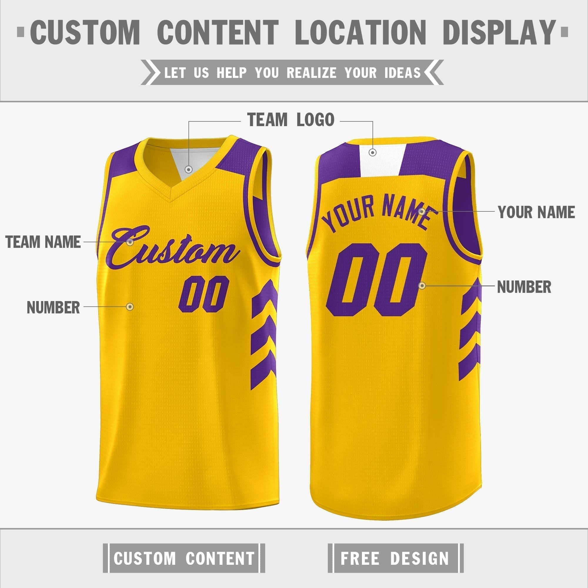 Custom Purple Yellow Reversible Double Side Tops Basketball Jersey Secondary image