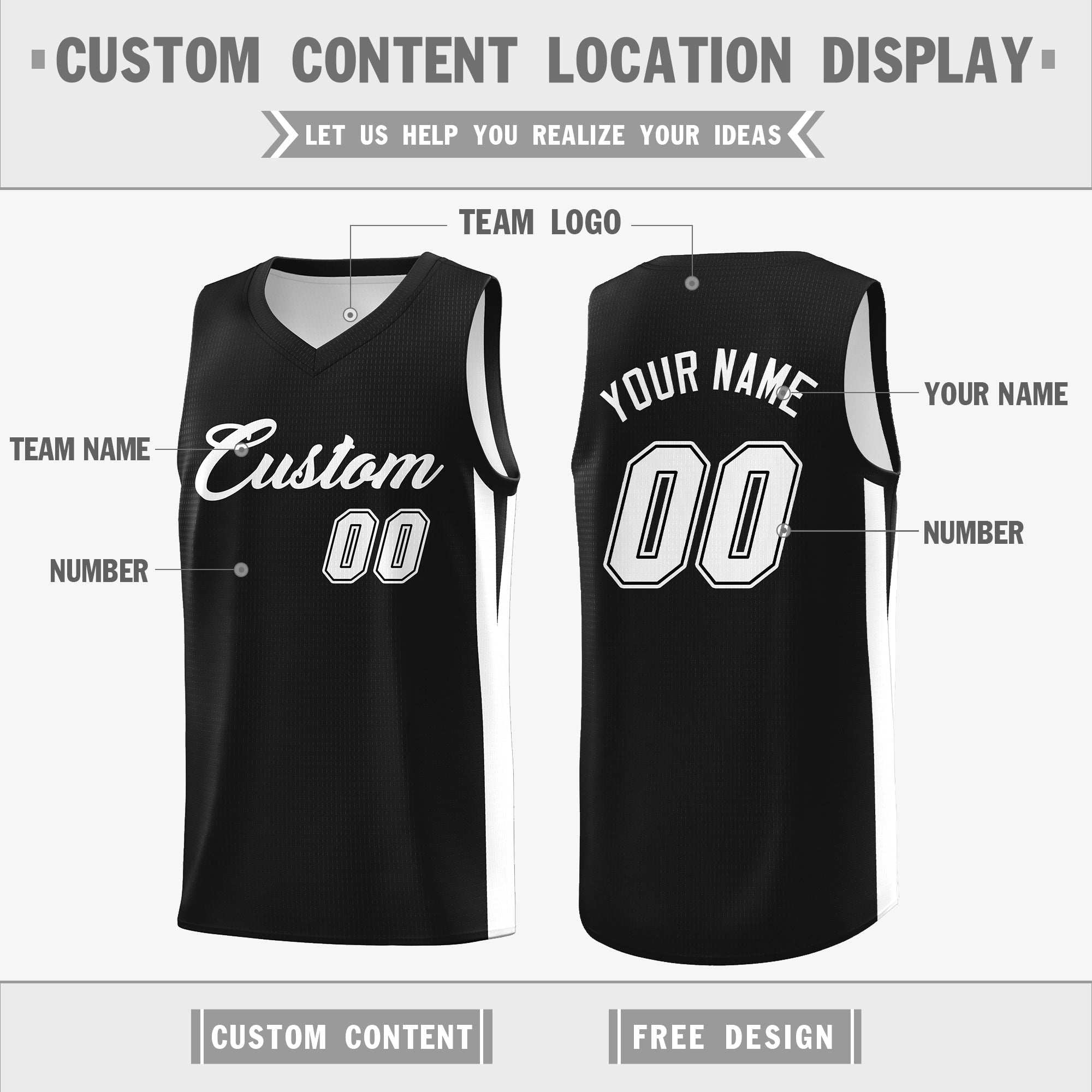Custom Black White Double Side Tops Athletic Basketball Jersey Secondary image