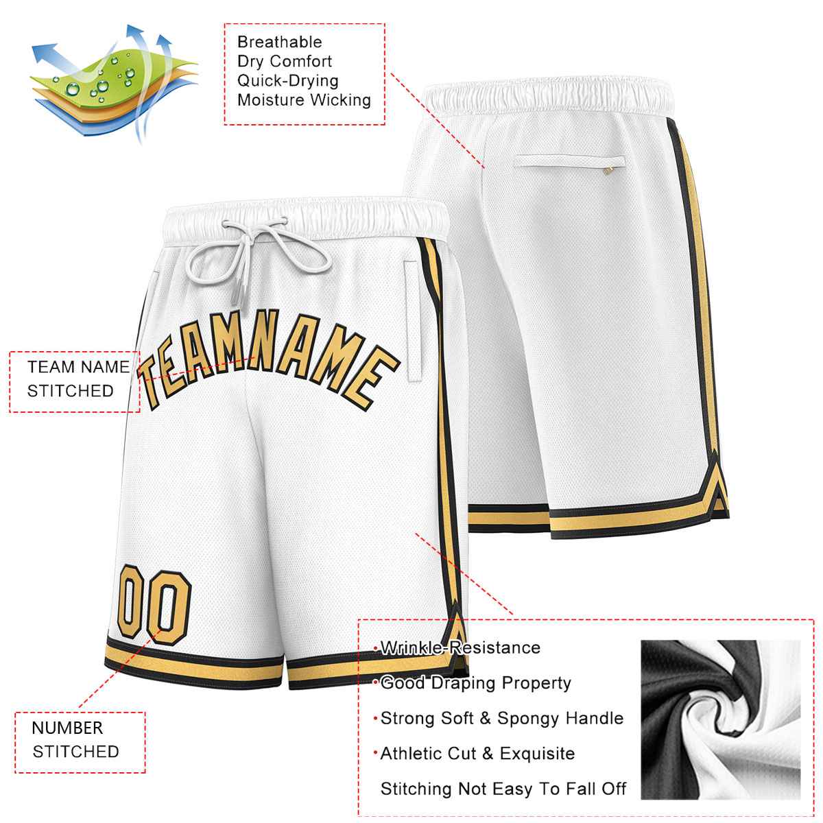 Custom White Old Gold-Black Sport Basketball Shorts Secondary image