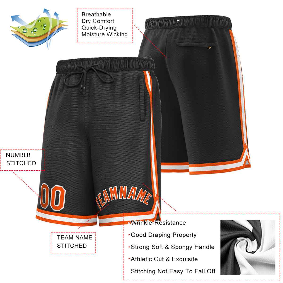 Custom Black Orange-White Sport Basketball Shorts Secondary image