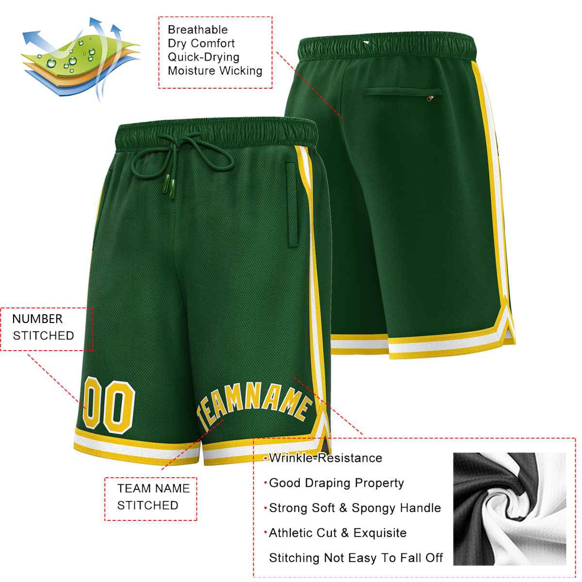 Custom Green Yellow-White Sport Basketball Shorts Secondary image