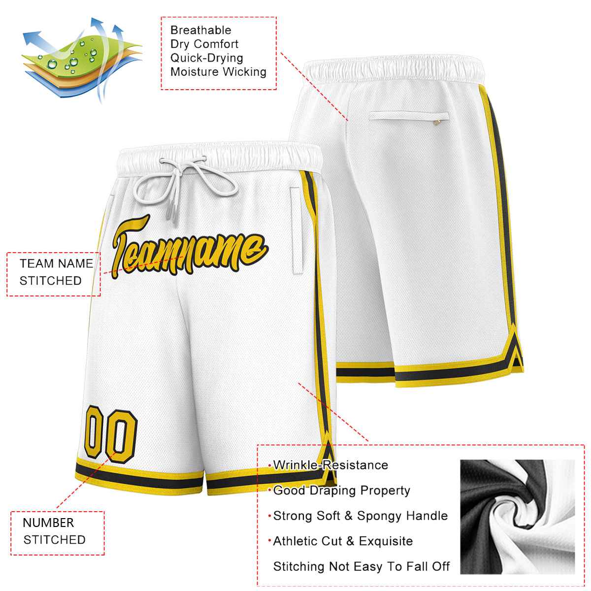 Custom White Yellow-Black Sport Basketball Shorts Secondary image