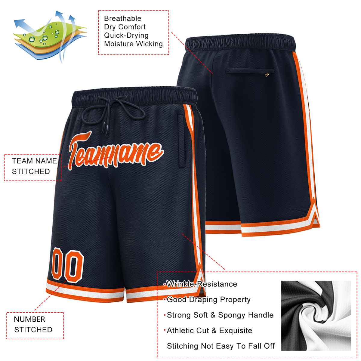 Custom Navy Orange-White Sport Basketball Shorts Secondary image