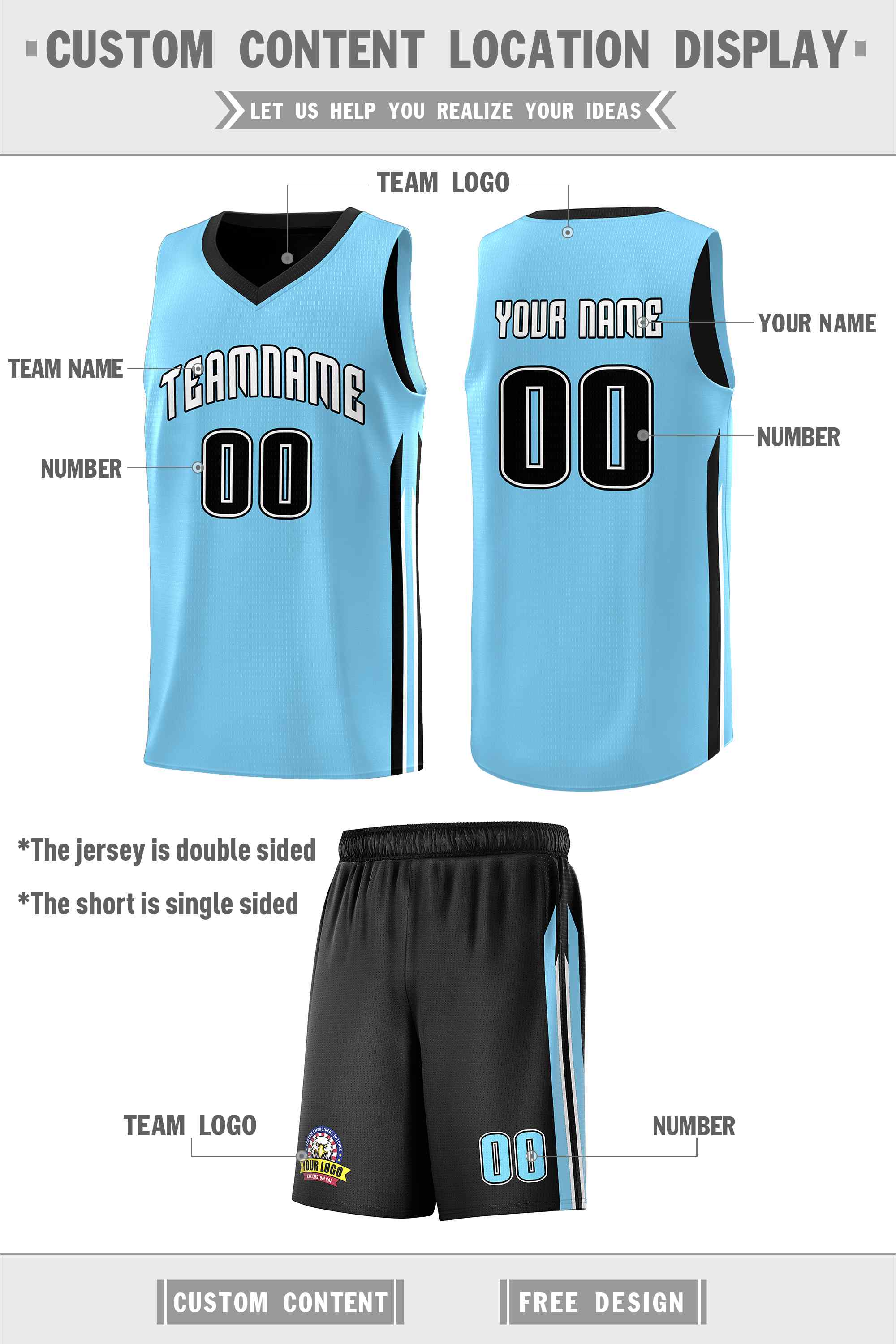 Custom Black Light Blue Double Side Sets Men Basketball Jersey Secondary image