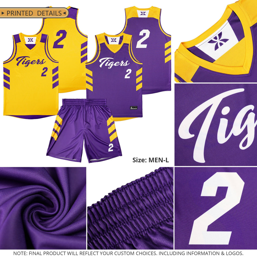 Custom Purple Yellow-White Double Side Sets Men Basketball Jersey