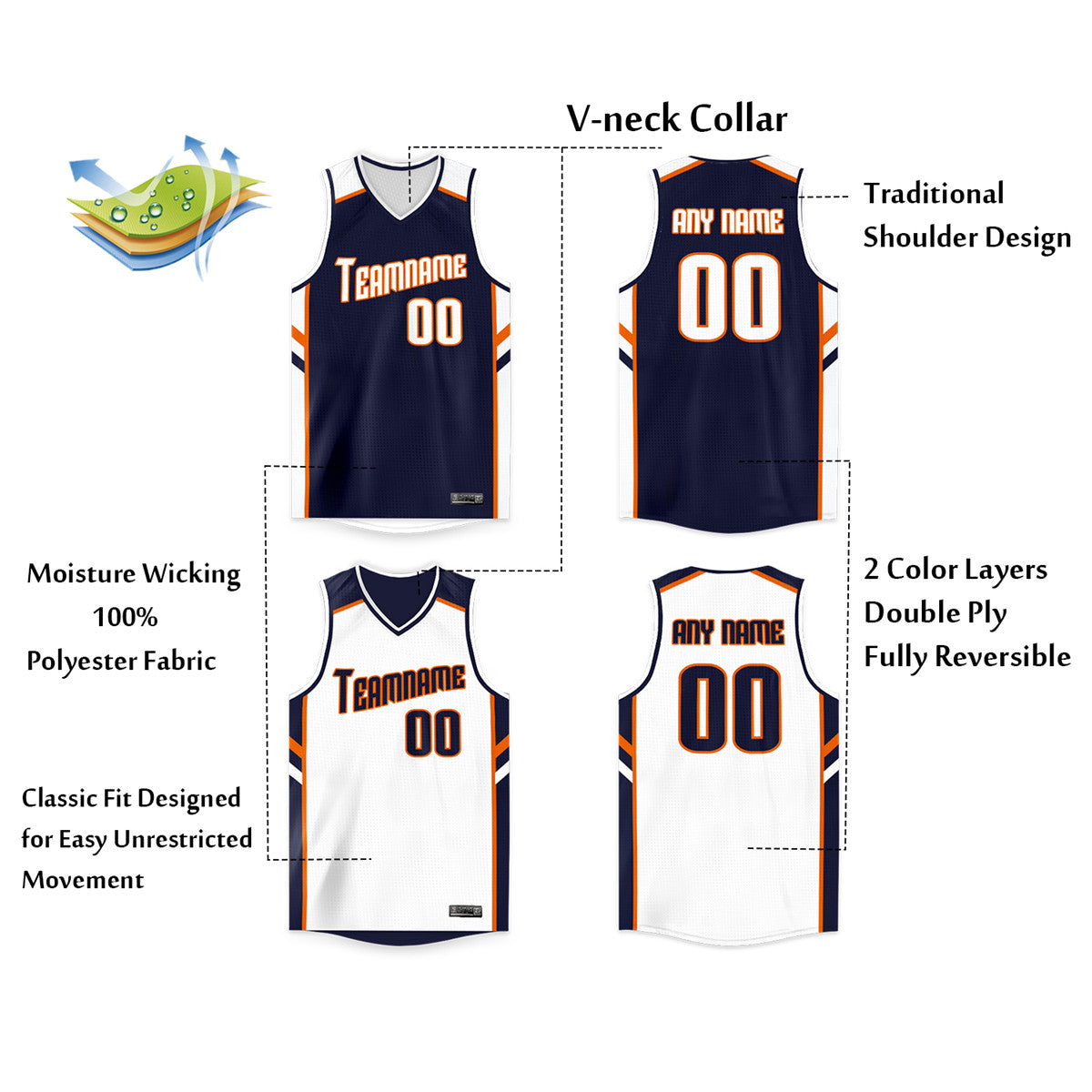 Custom Navy White-Orange Double Side Tops Men/Boy Basketball Jersey Secondary image