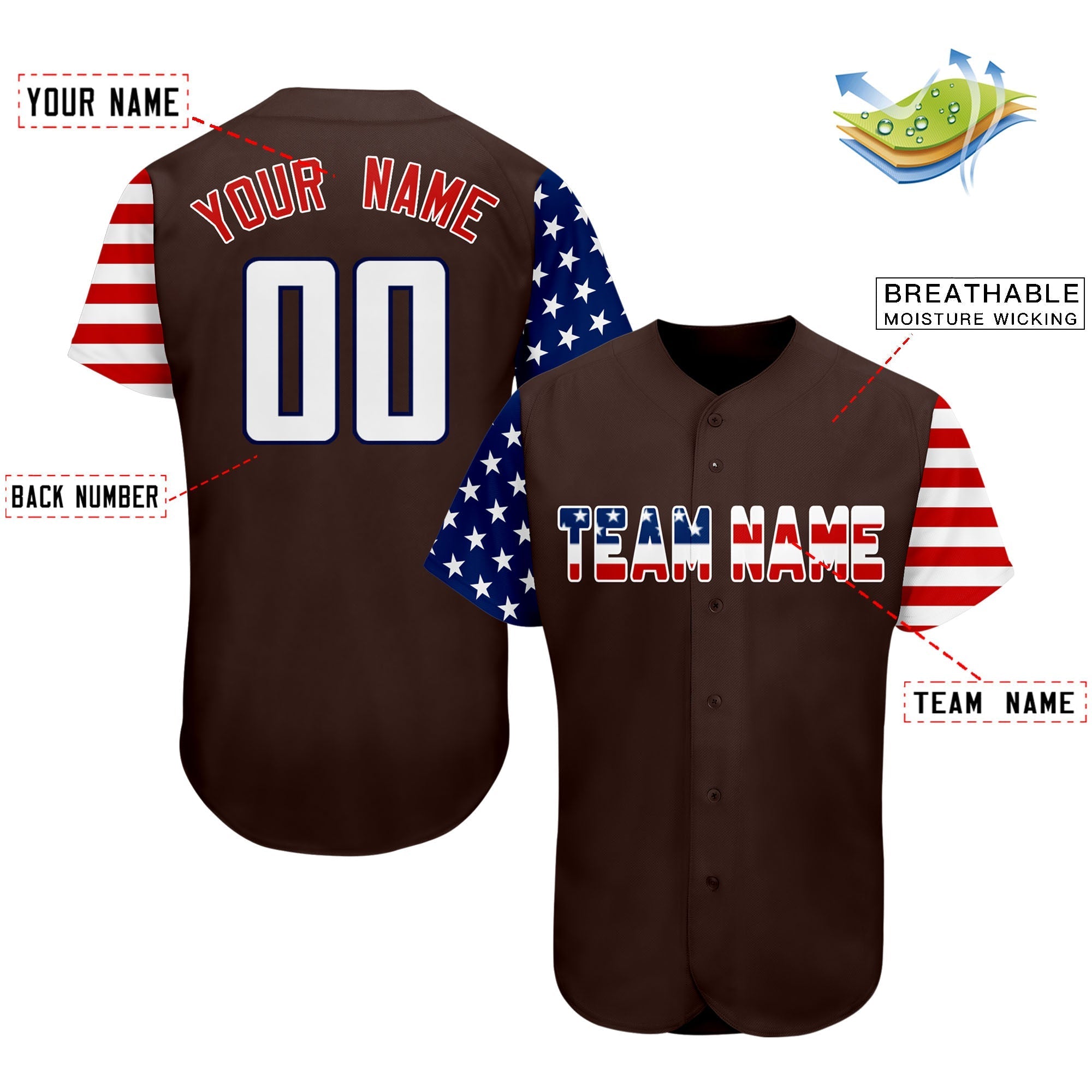 Custom Brown White-Navy American Flag Authentic Baseball Jersey Secondary image