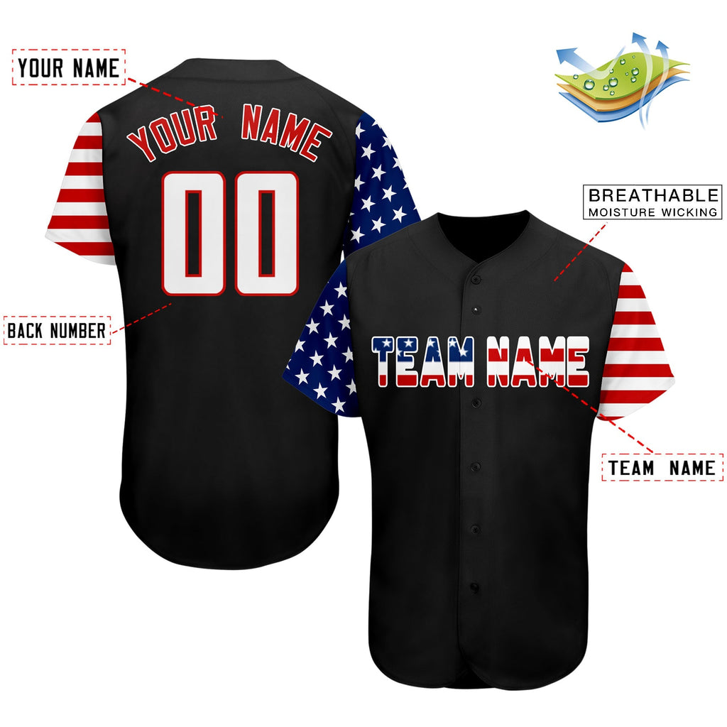 Custom Black White-Red American Flag Authentic Baseball Jersey