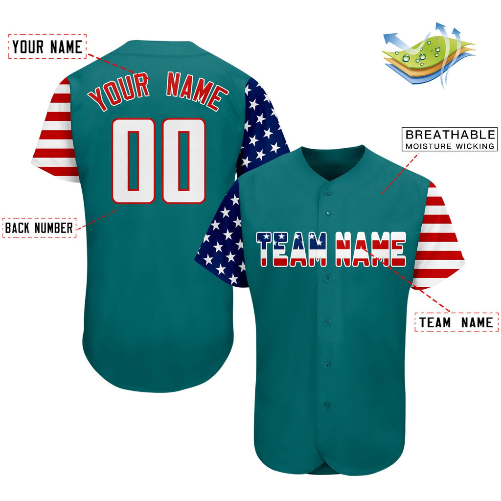 Custom Aqua White-Red American Flag Authentic Baseball Jersey