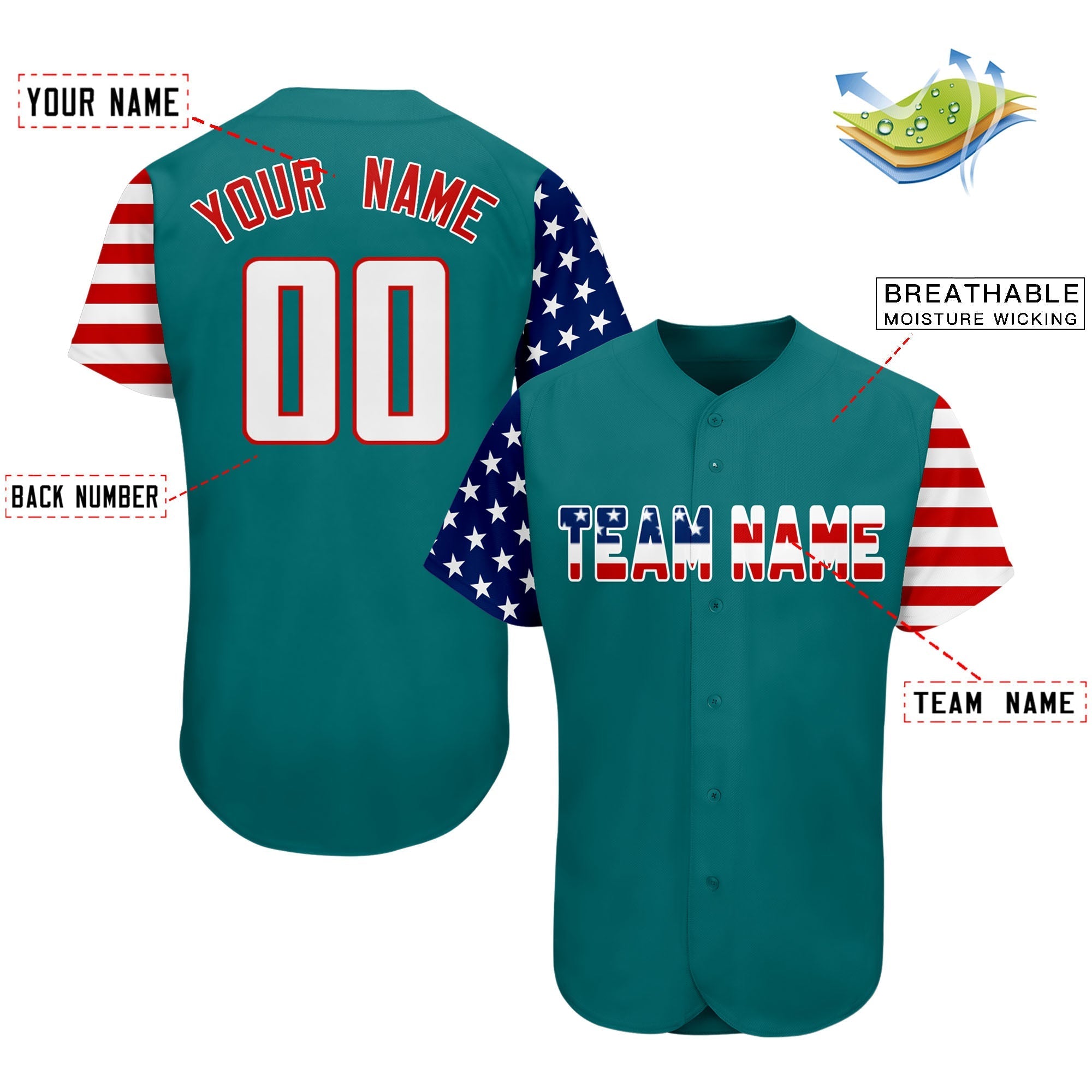 Custom Aqua White-Red American Flag Authentic Baseball Jersey
