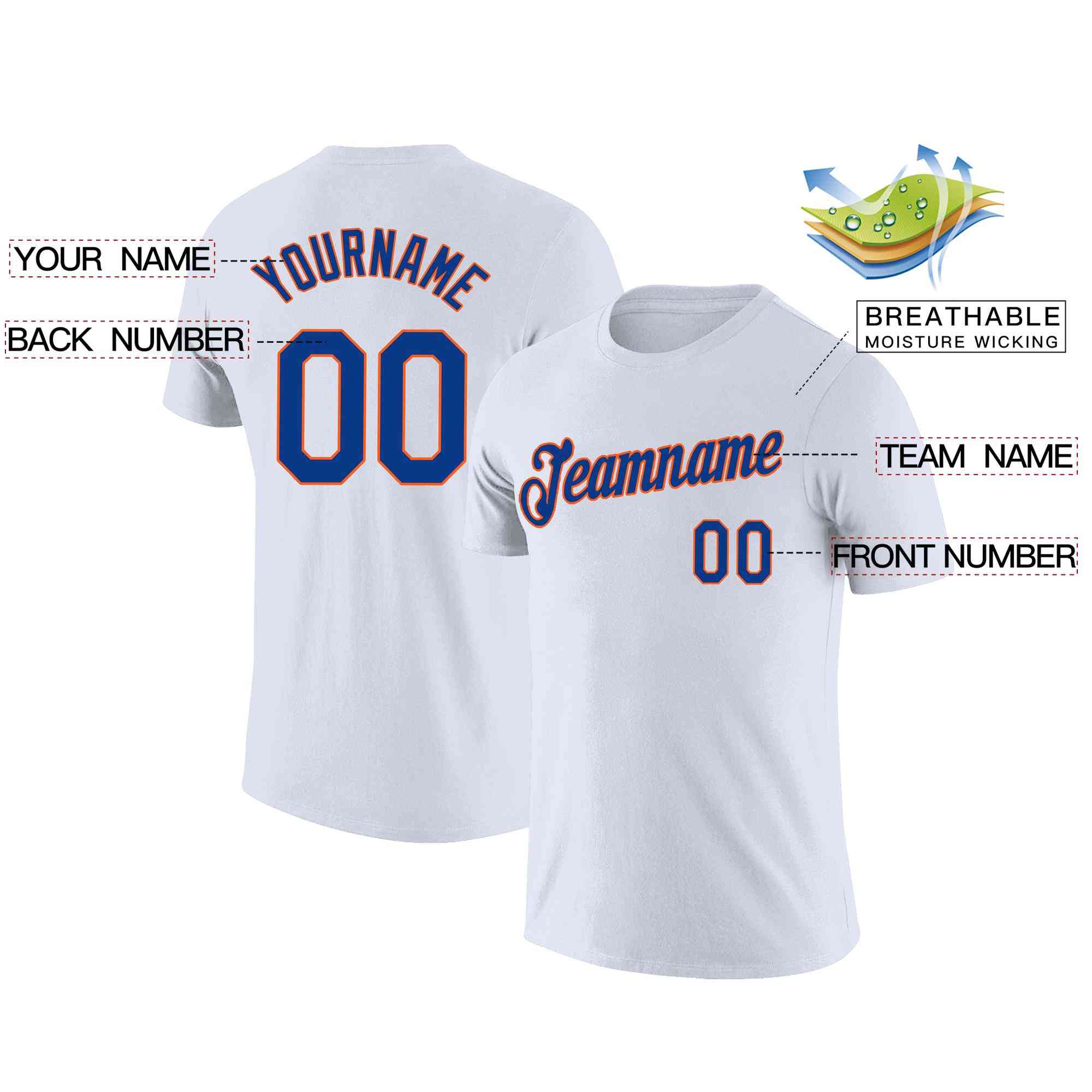 Custom White Royal-Orange Classic Style Crew neck T-Shirts Full Sublimated Secondary image