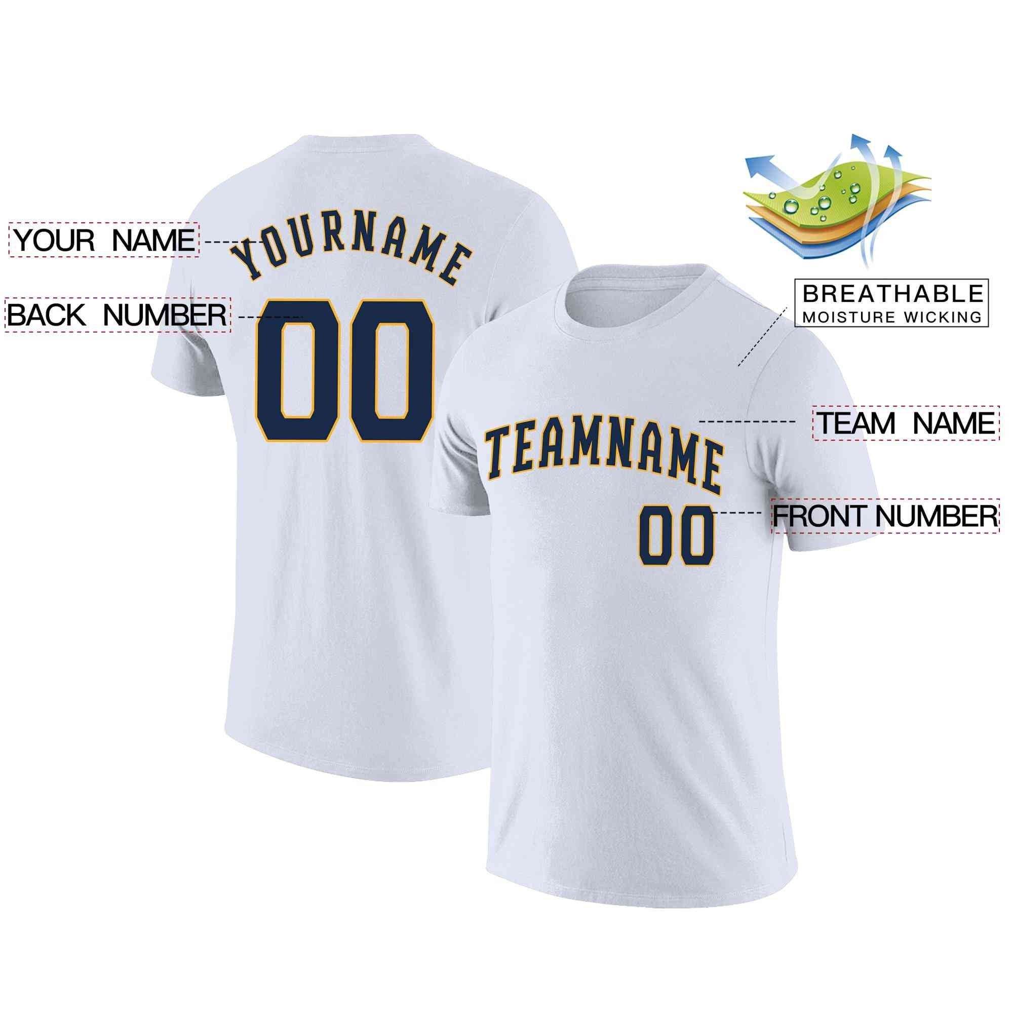 Custom White Navy-Yellow Classic Style Crew neck T-Shirts Full Sublimated Secondary image