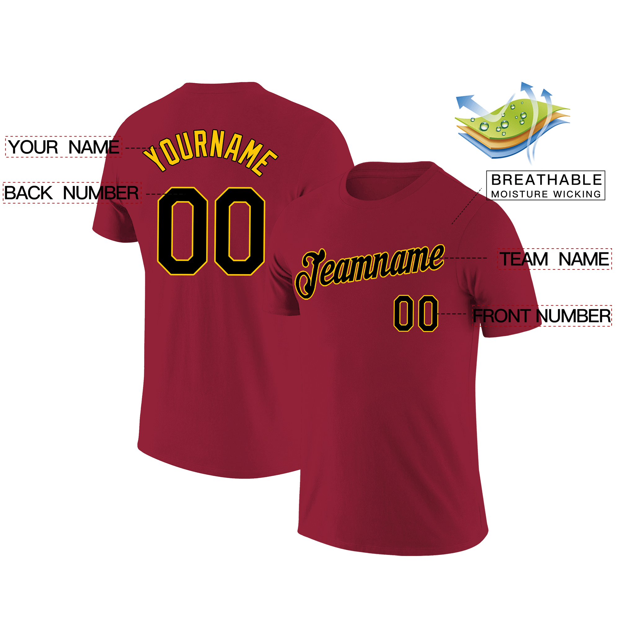 Custom Crimson Black-Yellow Classic Style Crew neck T-Shirts Full Sublimated Secondary image