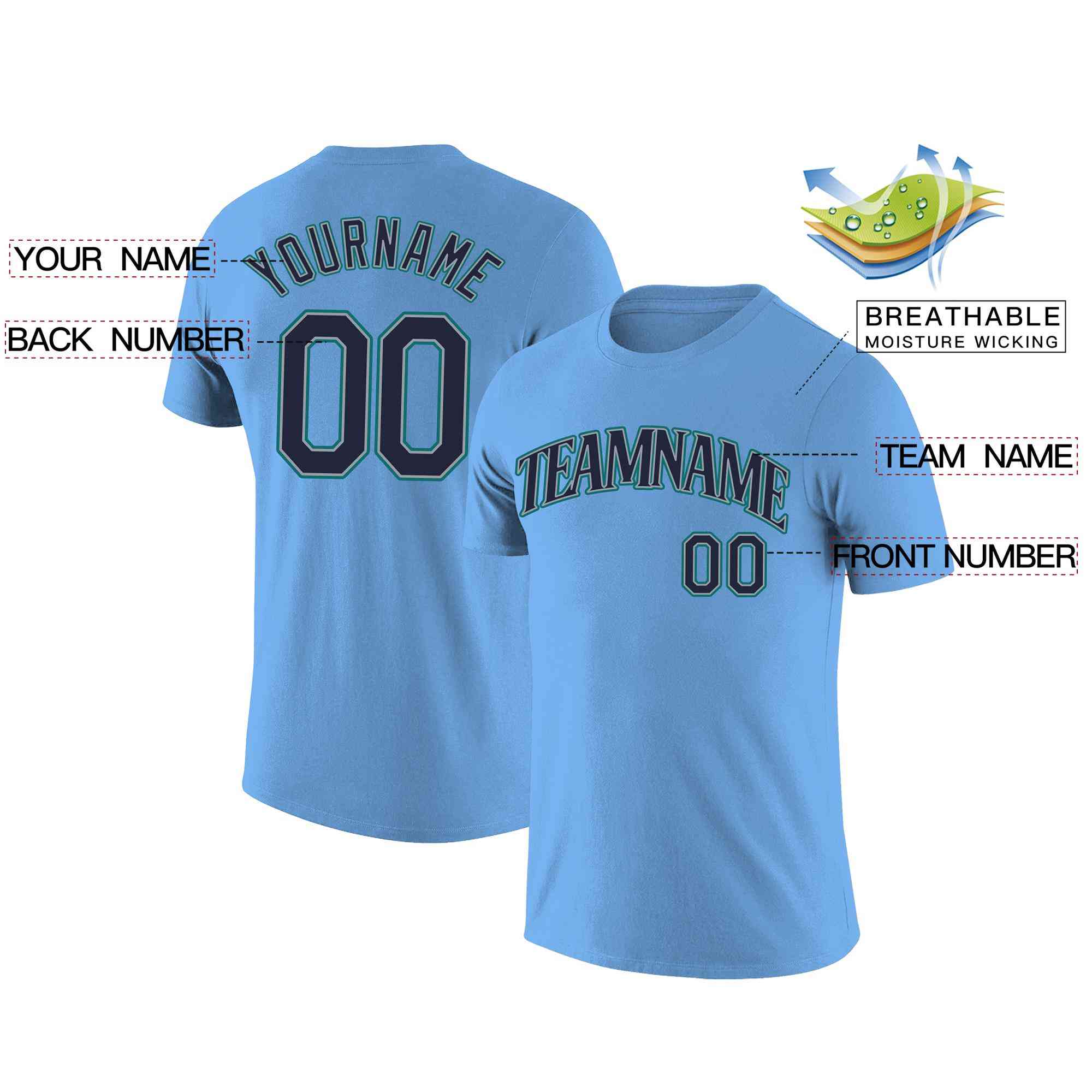 Custom Light Blue Navy-Aqua Classic Style Crew neck T-Shirts Full Sublimated Secondary image