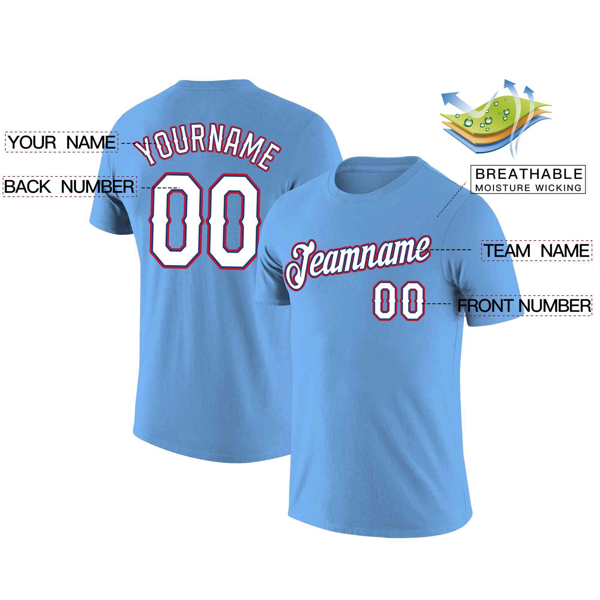 Custom Light Blue White-Navy Classic Style Crew neck T-Shirts Full Sublimated