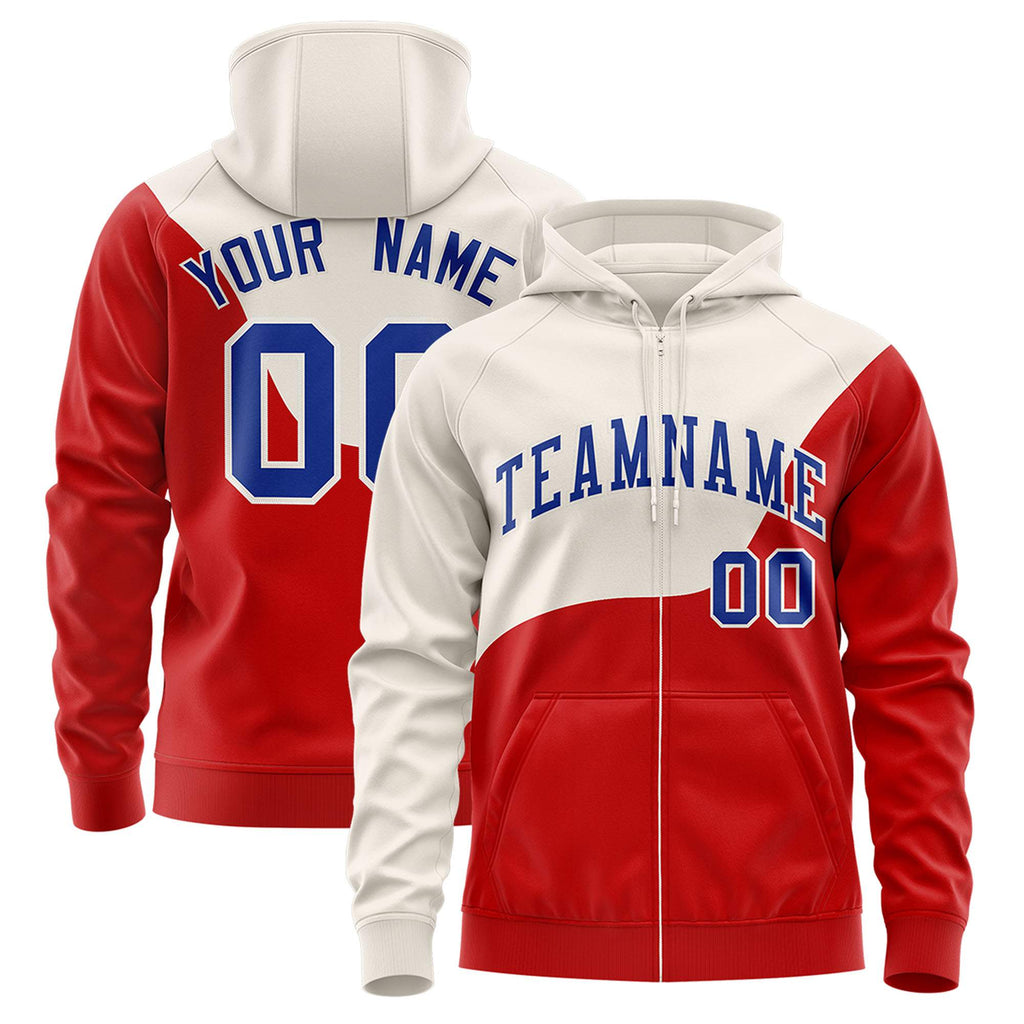 Custom Cream Red Color Block Varsity Full-Zip Letterman Wave Jacket Hoodie