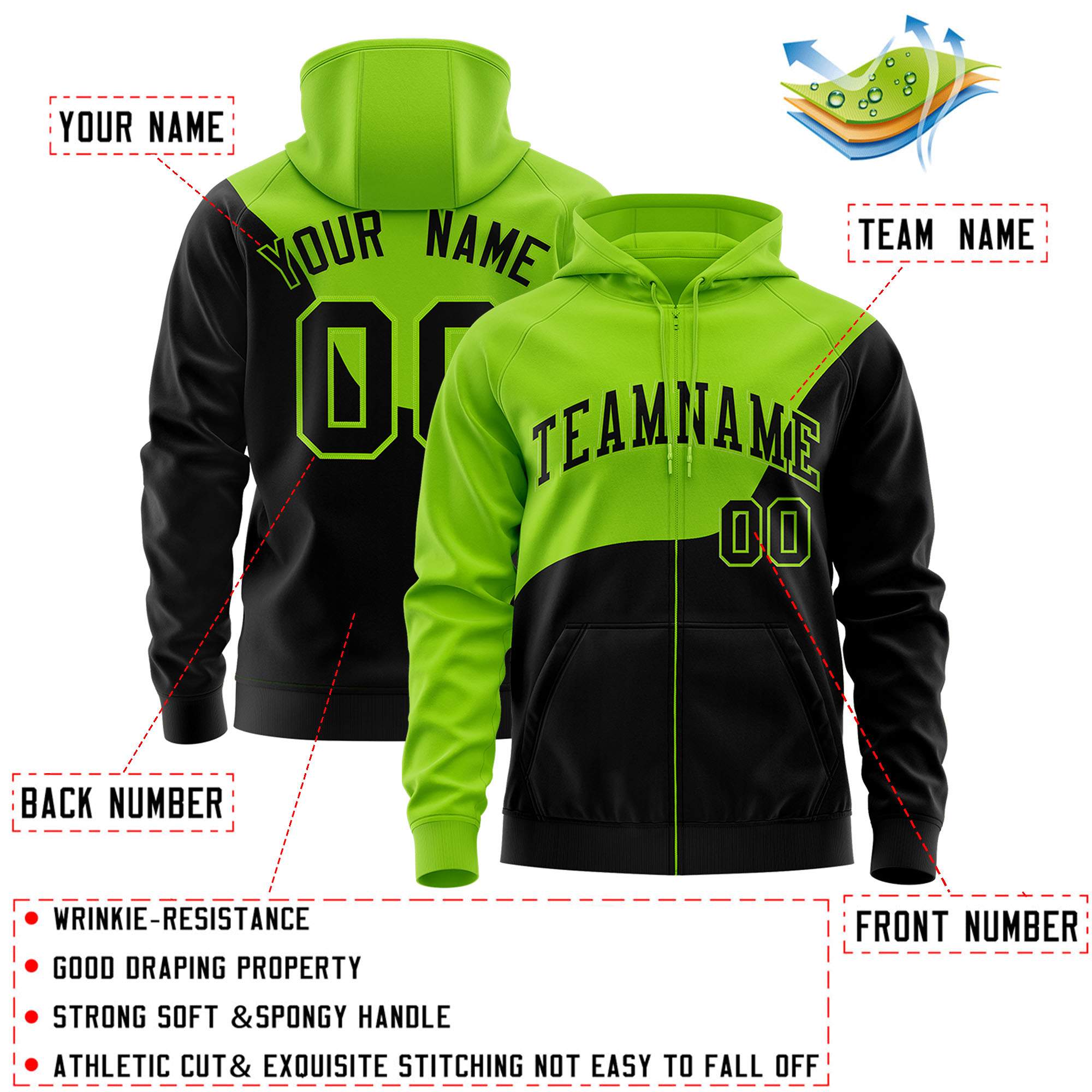 Custom Neon Green Black Color Block Varsity Full-Zip Letterman Wave Jacket Hoodie