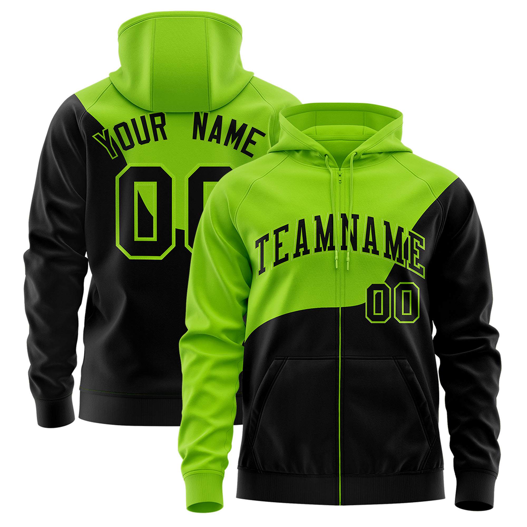 Custom Neon Green Black Color Block Varsity Full-Zip Letterman Wave Jacket Hoodie