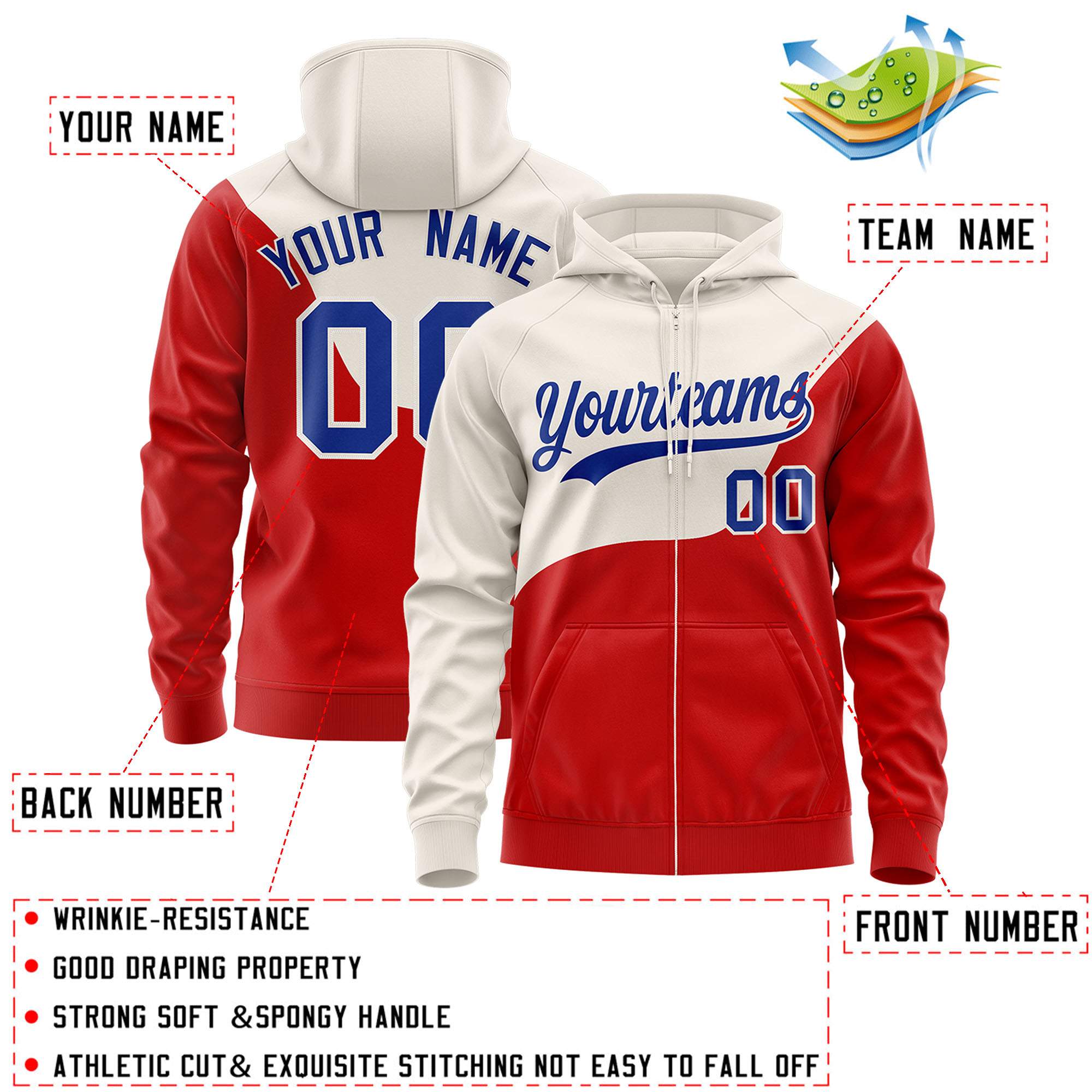 Custom Cream Red Color Block Varsity Full-Zip Letterman Wave Jacket Hoodie