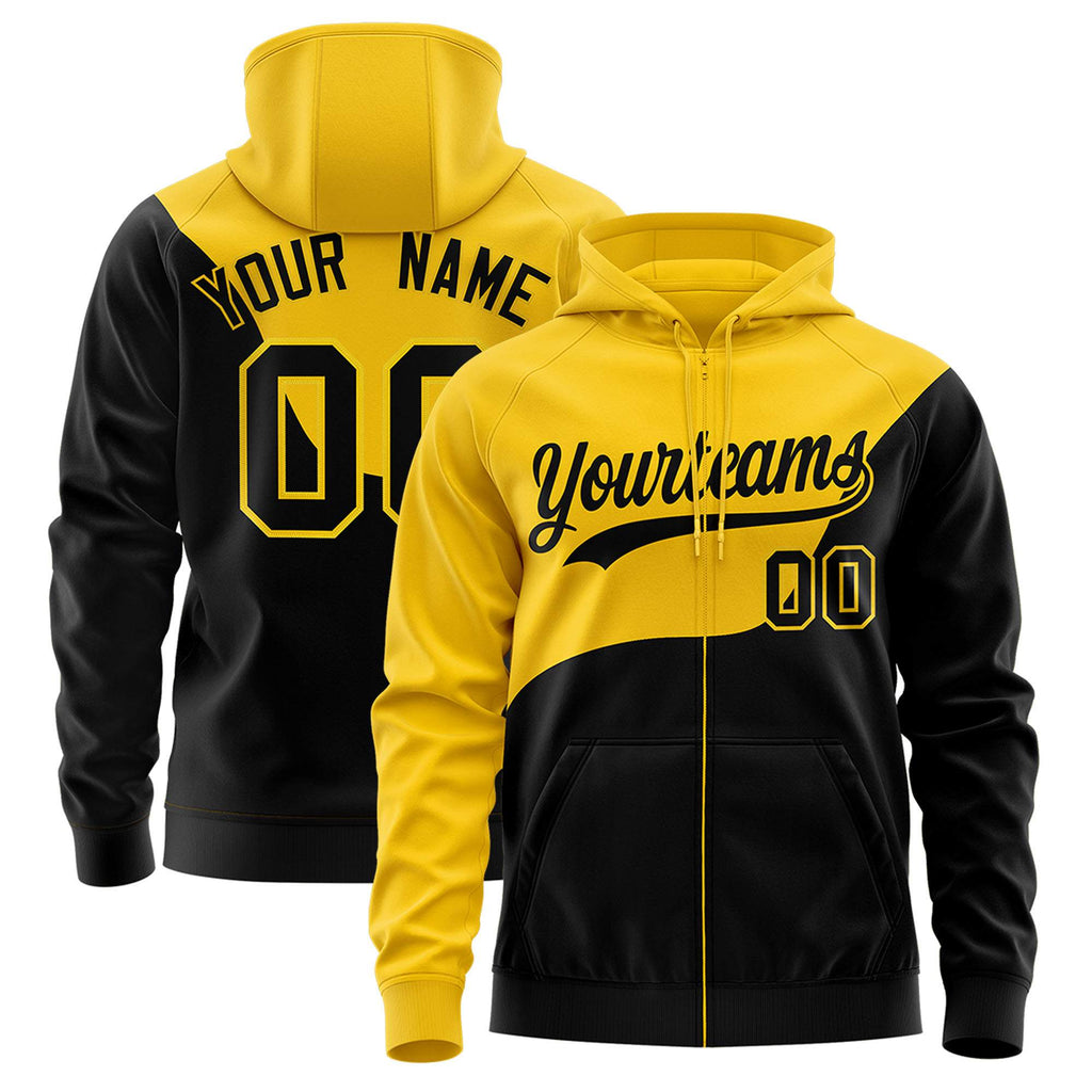 Custom Gold Black Color Block Varsity Full-Zip Letterman Wave Jacket Hoodie