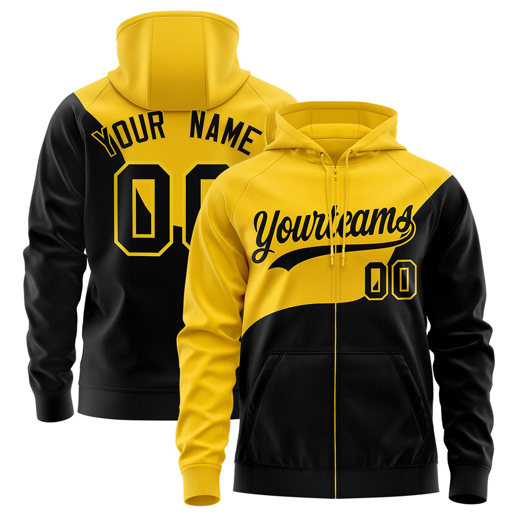 Custom Gold Black Color Block Varsity Full-Zip Letterman Wave Jacket Hoodie