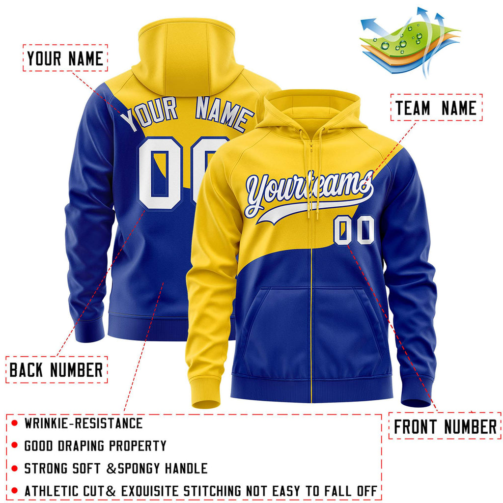 Custom Gold Royal Color Block Varsity Full-Zip Letterman Wave Jacket Hoodie