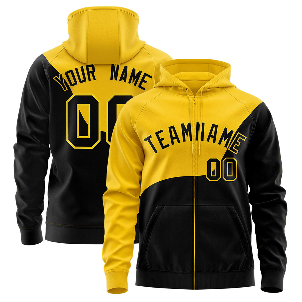 Custom Gold Black Color Block Varsity Full-Zip Letterman Wave Jacket Hoodie