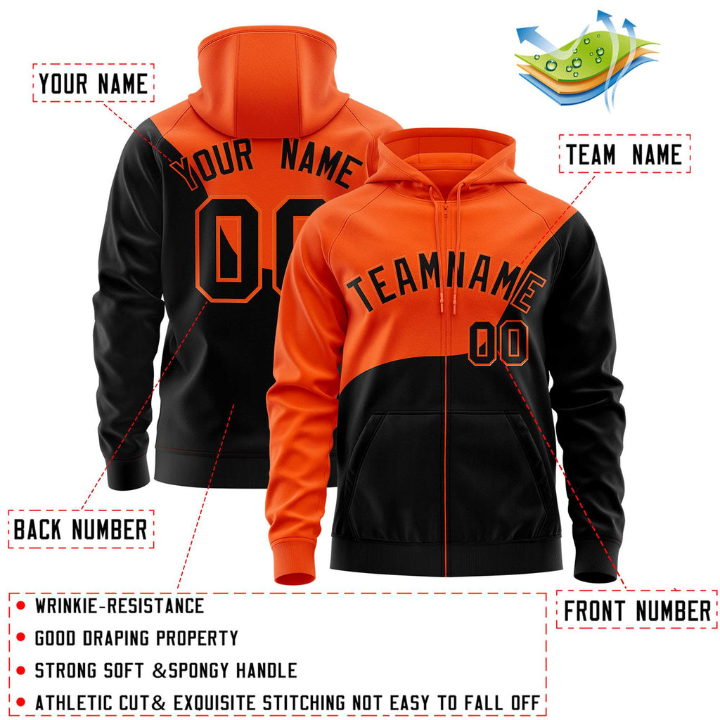 Custom Orange Black Color Block Varsity Full-Zip Letterman Wave Jacket Hoodie
